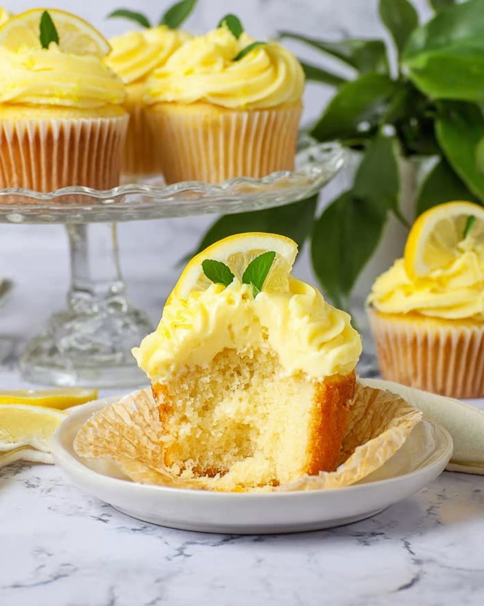 The image shows a close-up view of cupcakes with bright yellow frosting, swirled on top in thick, smooth layers. One cupcake is broken open in the front on a white plate, revealing a creamy, pale yellow filling inside a soft, light yellow cake base. Each cupcake is decorated with a small slice of lemon and tiny green leaves placed on the frosting. In the background, there is a glass cake stand holding more cupcakes and a green leafy plant. The surface under the plate and background is a white marbled texture. photo taken with an iphone --ar 4:5 --v 7