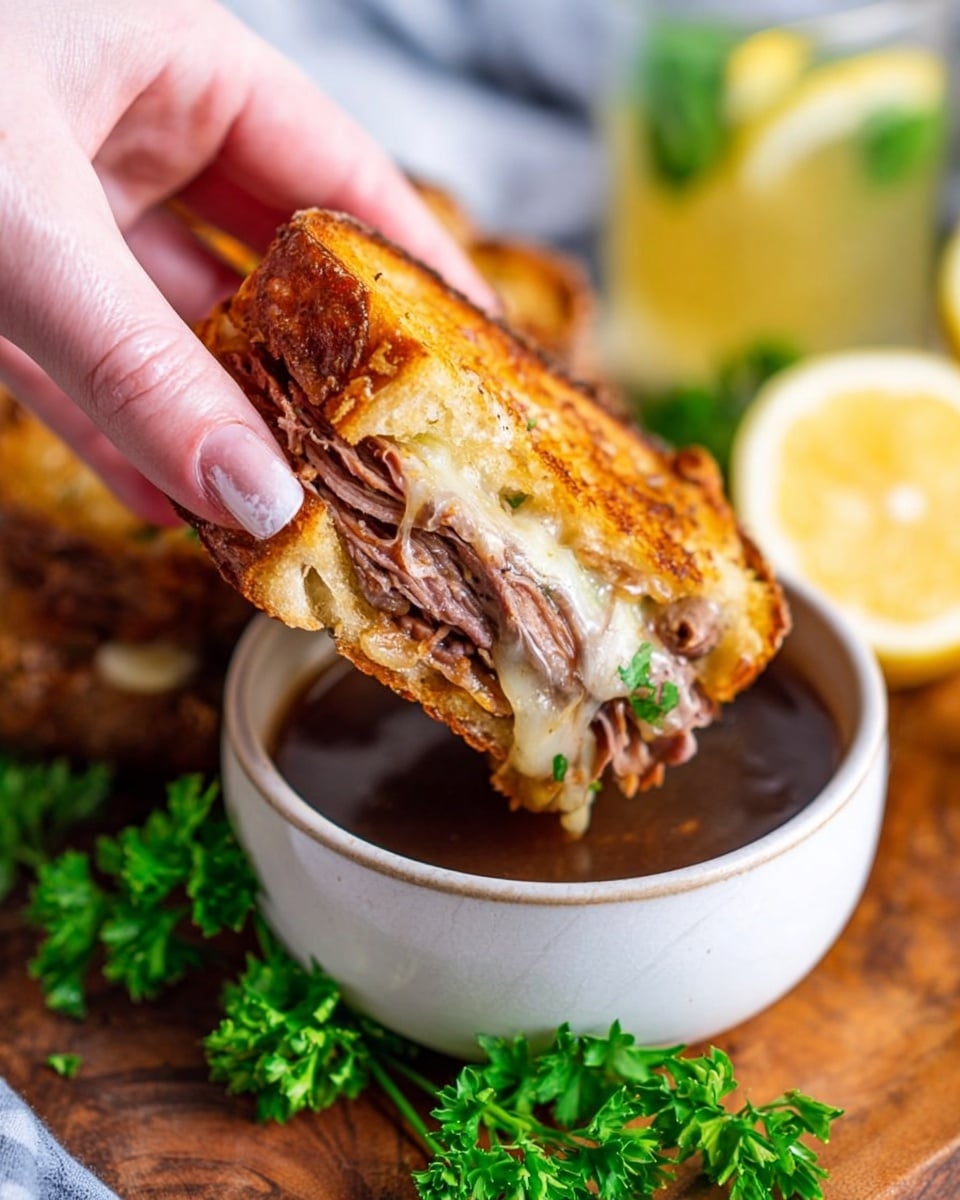 A woman's hand is holding a folded sandwich piece showing two inner layers of thinly sliced brown meat and melted light yellow cheese inside a golden brown toasted bread with a slightly crispy texture. The sandwich is being dipped into a white ceramic bowl filled with dark brown broth sauce. Surrounding the bowl on a wooden surface are fresh green parsley and other fresh herbs. The background is softly blurred with hints of a clear beverage with lemon and lime slices photo taken with an iphone --ar 4:5 --v 7