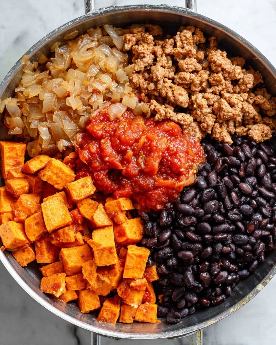 A metal pan holds five separate piles of ingredients arranged side by side. Starting from the top left, there is a layer of cooked ground meat mixed with cooked onions, light brown and chunky. Below that, on the left bottom side, come small cubes of orange sweet potatoes with some skin still on the edges. In the center, there is a bright red chunky tomato sauce with visible pieces of cooked onion mixed inside. To the right of that, a pile of smooth, shiny black beans fills the right part of the pan. The pan is on a white marbled surface. photo taken with an iphone --ar 4:5 --v 7