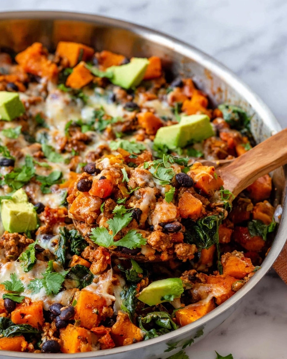 The image shows a colorful mix of cooked ground meat, black beans, diced orange sweet potatoes, green spinach leaves, and small pieces of avocado on top. The food is in a shiny pan on a white marbled surface, and a wooden spoon lifts a portion of the mix, showing layers of orange sweet potatoes, black beans, and chunks of cooked meat, with melted cheese strings and fresh green spinach visible among the ingredients. Bright green cilantro leaves are sprinkled on top for decoration. Photo taken with an iphone --ar 4:5 --v 7