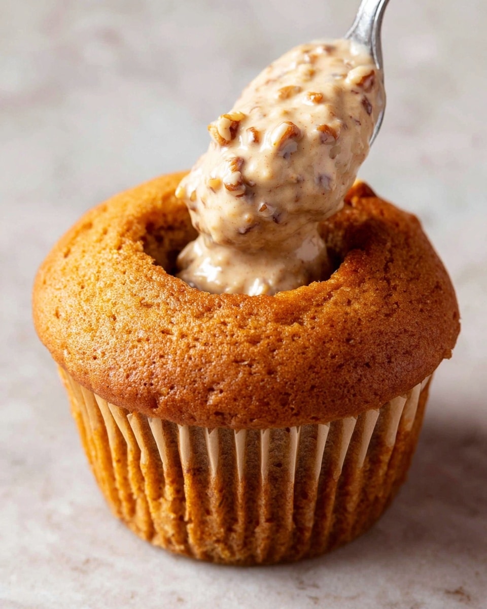 The image shows a single golden-brown muffin with a smooth, slightly domed top and a paper wrapper around the base. At the center of the muffin's top, there is a round hole filled with a thick, creamy mixture that looks smooth with visible small nut pieces in it. Above the muffin, a spoon holds more of the creamy nut mixture, poised to fill the hole. The background is a white marbled surface. photo taken with an iphone --ar 4:5 --v 7