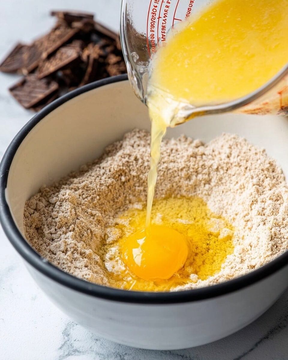A close-up view of a white bowl with a black rim containing a layer of light brown flour, with a raw egg cracked in the middle showing a bright yellow yolk and clear egg white. Over the egg, melted yellow butter is being poured from a glass measuring cup with red markings, held by a woman's hand at the top right corner. In the top left background, there are small pieces of dark brown chopped chocolate on a white marbled surface. photo taken with an iphone --ar 4:5 --v 7