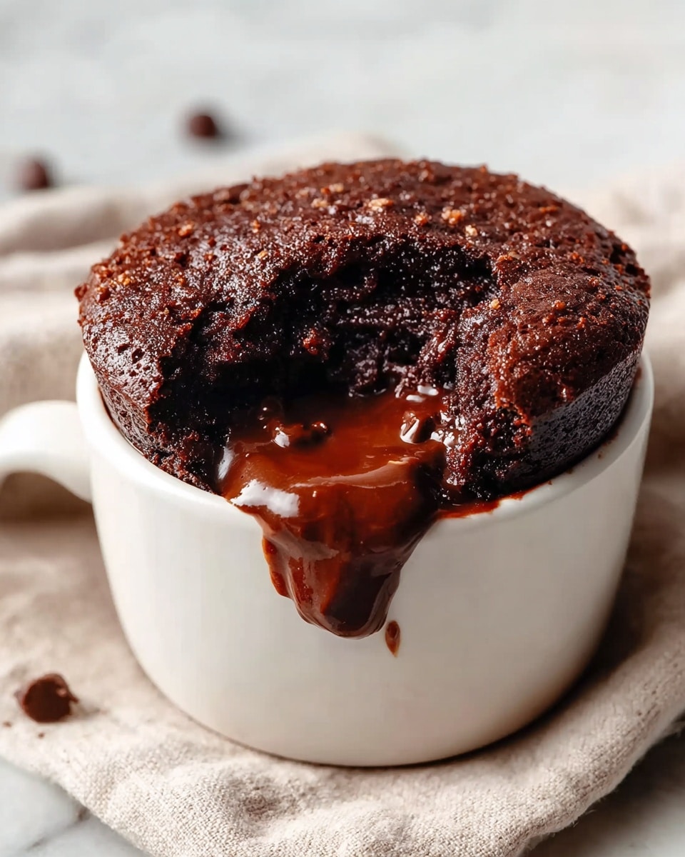 A close-up view of one dark brown, moist chocolate cake piece with a shiny and melted chocolate center melting out, held by a gold spoon above a white mug filled with the same chocolate cake, with the cake slightly overflowing the mug edge, all shown on a white marbled surface with a blurred background that includes a chocolate drop. Photo taken with an iphone --ar 4:5 --v 7