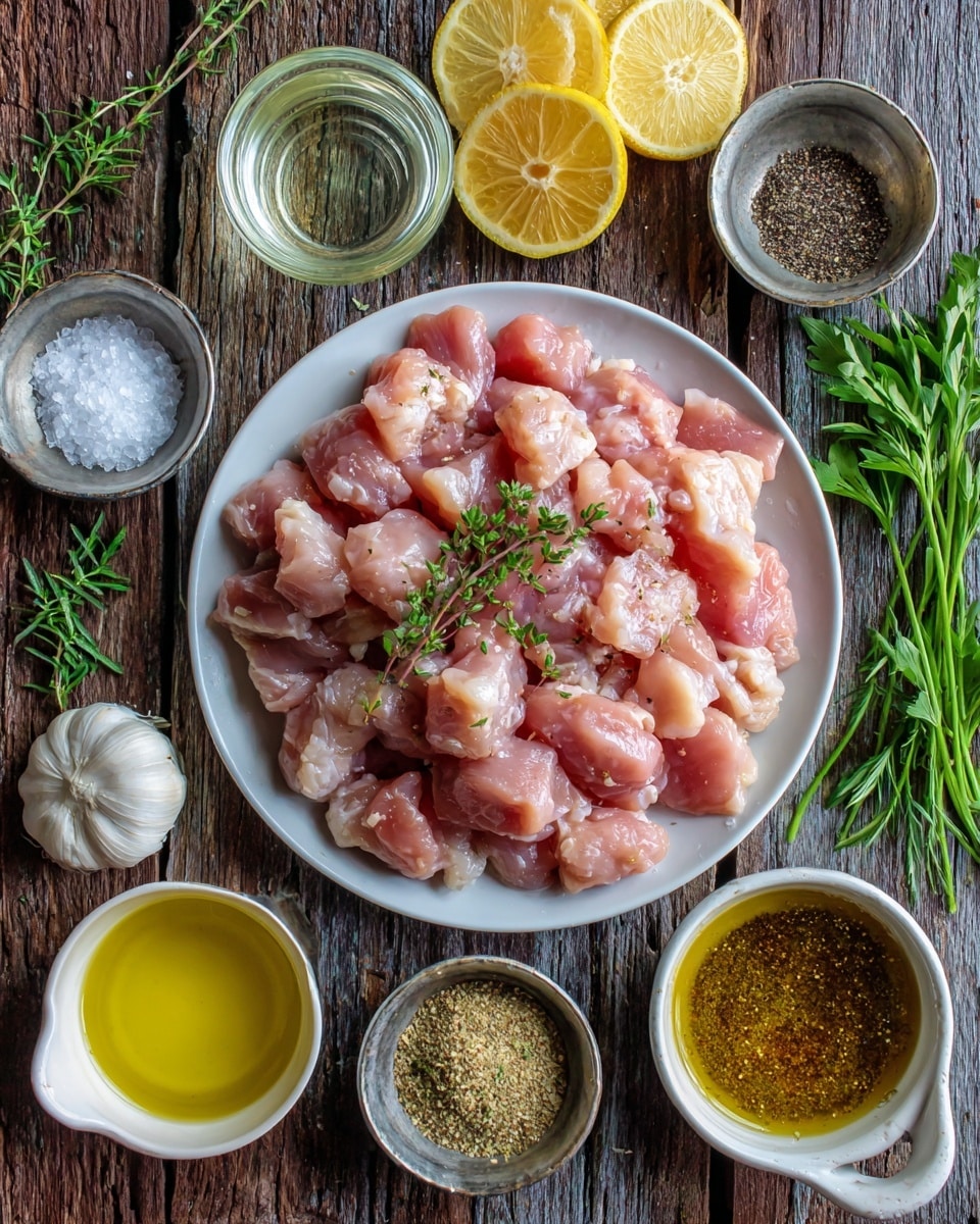 A white plate filled with a pile of raw, pink chicken pieces sits in the center on a rustic wooden surface with a few sprigs of green herbs on top. Around the plate, there are seven small containers, each with a different ingredient: clear white wine vinegar in a small silver bowl, white salt in another silver bowl, black pepper in a silver bowl, light yellow lemon juice in a white-cupped container, golden olive oil in a dark glass container, a small bowl of mixed Greek seasoning spices, and several white garlic cloves nearby. Two lemon wedges and green sprigs lie above the plate. Photo taken with an iphone --ar 4:5 --v 7