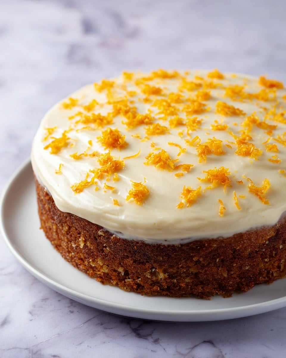 The image shows a round cake with two layers: a thick, dark brown bottom layer with a rough texture, and a thick, smooth, creamy pale yellow top layer spread evenly over the bottom. The cake is sliced, showing a clean cut through both layers. Small orange zest bits are sprinkled over the top layer, adding color and texture. The cake sits on a white plate placed on a white marbled surface. photo taken with an iphone --ar 4:5 --v 7