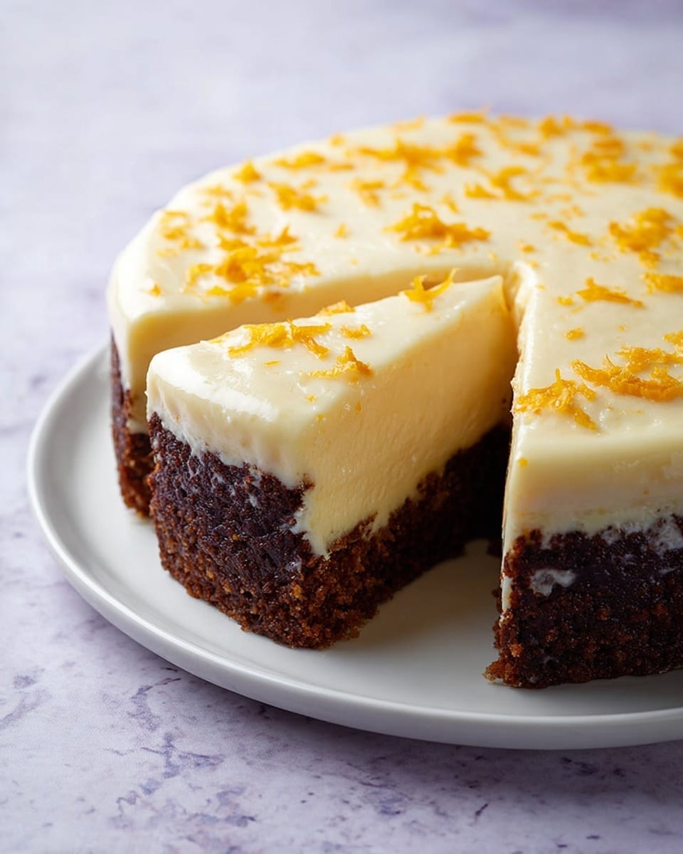 The image shows a two-layer round cake on a white plate. The bottom layer is a thick, brown cake with a slightly rough texture. The top layer is a smooth, thick white cream spread evenly over the cake. On top of the cream, small orange zest pieces are scattered all over, adding bright color. The cake is placed on a surface with a white marbled texture. photo taken with an iphone --ar 4:5 --v 7