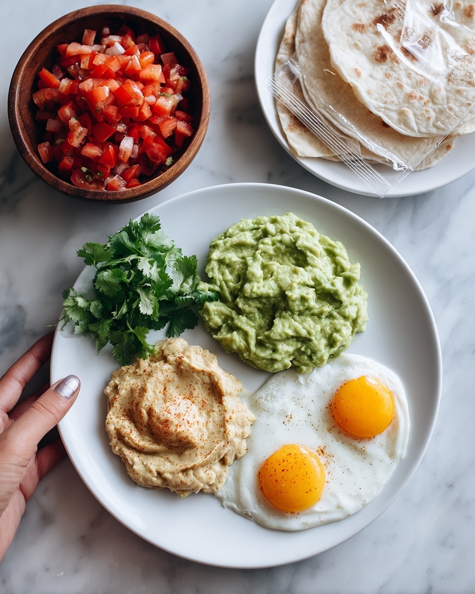 The image shows a white plate with three separate layers of spreads: a smooth green avocado mash on the top left, a creamy light brown spread below it, and another green avocado mash spread at the bottom right. The plate also has a small bunch of fresh green herbs on the left edge. Next to this plate, there is a small wooden bowl filled with bright red diced tomatoes. To the right of that, a clear plastic bag of white extra crispy flatbread is visible. Below, there is another white plate holding three sunny-side-up eggs with bright yellow yolks and white edges. The dishes are placed on a white marbled surface, and a woman's hand is gently holding the wooden bowl. Photo taken with an iphone --ar 4:5 --v 7