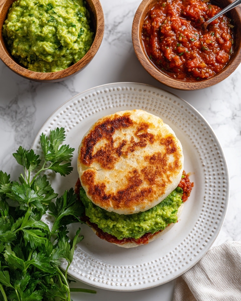 A sandwich is shown from above on a white plate with a dotted edge, placed on a white marbled surface. The sandwich has three visible layers: the top layer is a toasted, round English muffin with a golden-brown color and some white flour dust. Below it, there is a green layer of smooth guacamole spread. Beneath that, a chunky, red salsa layer is partially visible at the edges. To the left side of the sandwich on the plate, there is a fresh bunch of green parsley leaves. In the upper part of the image, two wooden bowls are present on the white marbled surface; one contains bright green guacamole, and the other holds vivid red salsa with a silver spoon placed inside. Photo taken with an iphone --ar 4:5 --v 7