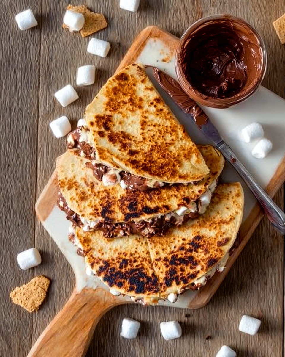 The image shows a folded flatbread on a wooden serving board placed on a white marbled surface. The flatbread is golden brown with darker toasted spots and has a visible filling of melted chocolate-hazelnut spread mixed with mini marshmallows inside. Around the board, there are some scattered mini marshmallows and light brown broken pieces of graham crackers. Next to the board is an open jar of chocolate-hazelnut spread with a knife resting on the board partly covered in the spread. Photo taken with an iphone --ar 4:5 --v 7