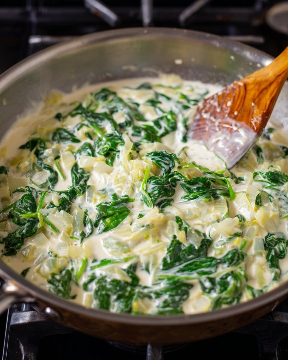 A frying pan filled with a creamy white sauce mixed with bright green spinach leaves and pale yellow pieces of onion or similar vegetable. The sauce looks smooth and thick, coating the greens and veggies evenly. A wooden spoon rests on the edge of the pan, slightly dipped into the sauce, showing the texture of the mixture. The pan sits on a stove with a shiny metallic surface reflecting light. photo taken with an iphone --ar 4:5 --v 7