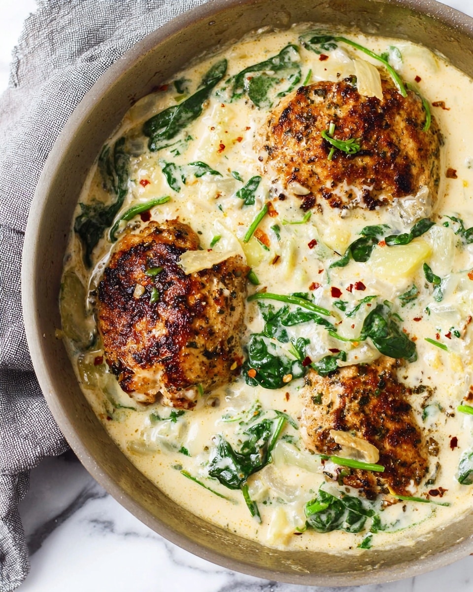 The image shows a close-up of a pan with three pieces of golden-brown, seasoned cooked meat partially covered with a thick, creamy white sauce that has small chunks of light yellow onions or garlic and pieces of green spinach leaves mixed in. There are small red flakes sprinkled on top of the sauce, adding color contrast. The pan is placed on a white marbled surface with a grey cloth partially visible on the left side. Photo taken with an iphone --ar 4:5 --v 7