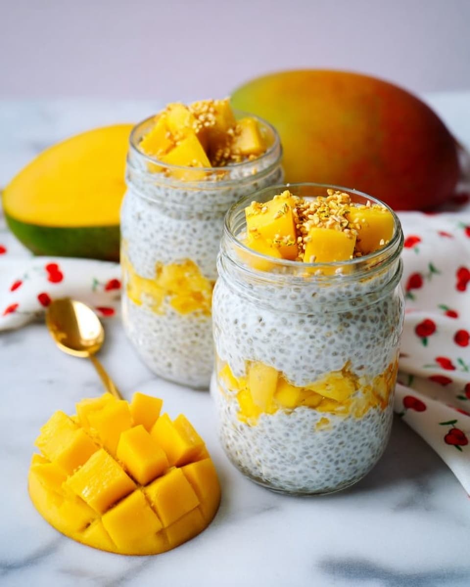 The image shows a clear glass jar filled with three visible layers. The bottom layer is white with small black seeds, likely chia pudding. Above it is a bright orange layer of mango chunks. The next layer is creamy and white, topped with more mango pieces, small round puffed grains, and white shredded coconut sprinkles. In the background, a whole mango and a half mango with a grid cut pattern are placed on a white marbled surface. Photo taken with an iphone --ar 4:5 --v 7