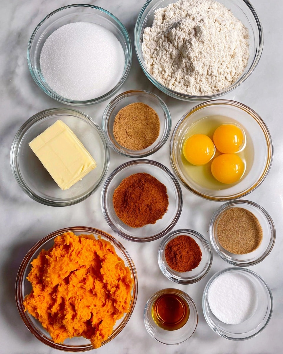 The image shows eleven clear glass bowls of different sizes placed on a white marbled surface, each filled with various baking ingredients. The largest bowl on the right holds a powdery white flour, and below it, a medium bowl contains bright orange mashed sweet potatoes with a slightly chunky texture. Above the mashed sweet potatoes are two eggs with bright yellow yolks in a small bowl. To the left of the mashed sweet potatoes, a small bowl contains a solid piece of light yellow butter. A large bowl of white granulated sugar sits next to the eggs. Three small bowls contain ground spices: one with a reddish-brown cinnamon, another with a brownish spice, and a third with a darker reddish spice. Additionally, there's a small bowl of white salt, a small bowl with white baking soda or powder, and a tiny bowl of brown vanilla or syrup liquid. Photo taken with an iphone --ar 4:5 --v 7