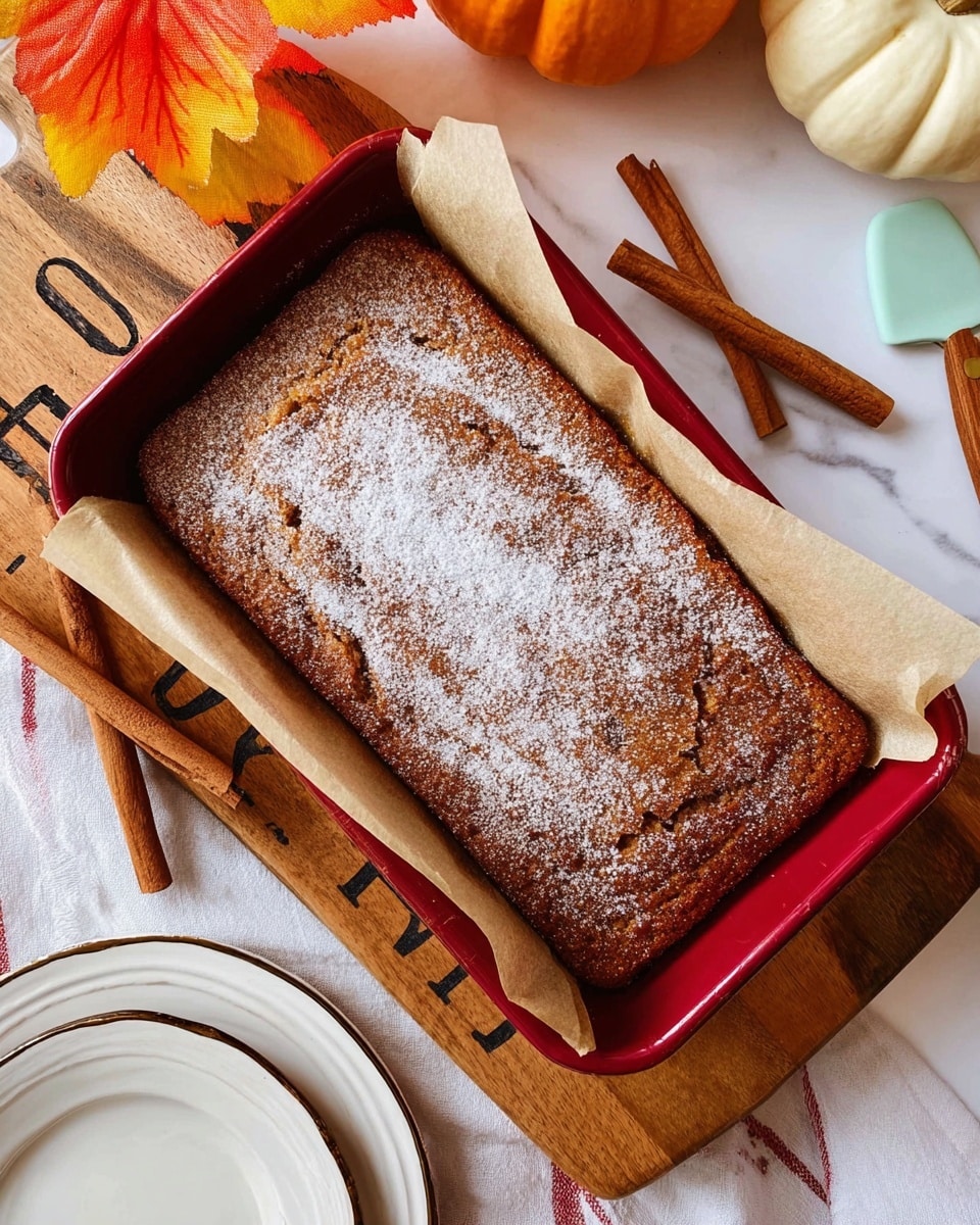 A rectangular baked cake with a slightly rough, golden brown crust topped with a fine, even layer of white powdered sugar, sitting in a red baking pan lined with parchment paper. The pan rests diagonally on a wooden cutting board with partial black lettering, placed on a white marbled surface. Nearby, two cinnamon sticks are crossed below the cutting board, with a white empty plate stacked on another plate at the bottom left. The scene includes an autumn-themed background with orange and yellow leaves and a pale pumpkin on the upper right, along with a small spatula with a blue silicone head and a wooden handle on the right. Photo taken with an iphone --ar 4:5 --v 7