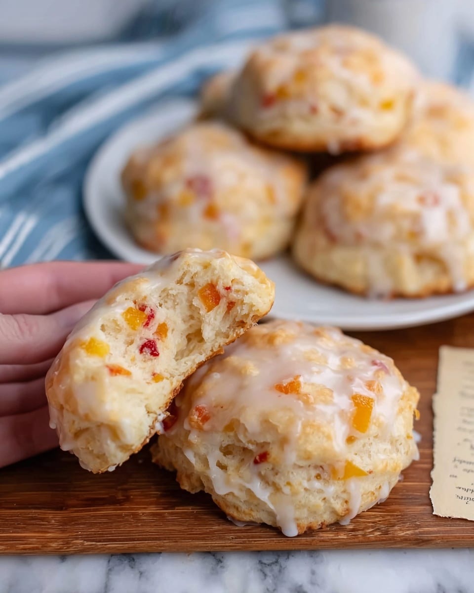 The image shows two soft, round biscuits on a wooden surface with a woman's hand gently holding one biscuit that has a bite taken from it. The biscuits have a light golden color with visible small pieces of orange and red inside, covered with a thin white glaze that adds a shiny texture on top. In the background, three more biscuits are arranged on a white plate, all similarly glazed. A blue and white striped cloth is spread on the left side, and a small piece of paper with writing is on the right. The surface beneath everything is a white marbled texture. photo taken with an iphone --ar 4:5 --v 7