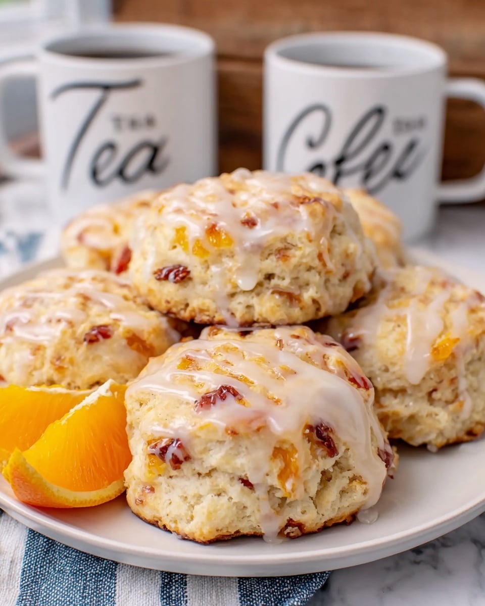 The image shows a close-up of five soft biscuits stacked on a white plate set on a white marbled surface. Each biscuit has two visible layers: the bottom part is light beige and fluffy with a soft texture, and the top part is covered in a shiny white glaze that drips slightly down the sides. Embedded in the glaze are small orange and red pieces, giving a colorful look. The biscuits appear thick and moist, with uneven, natural edges. The background is blurred with hints of a white container and a silver shaker. Photo taken with an iphone --ar 4:5 --v 7