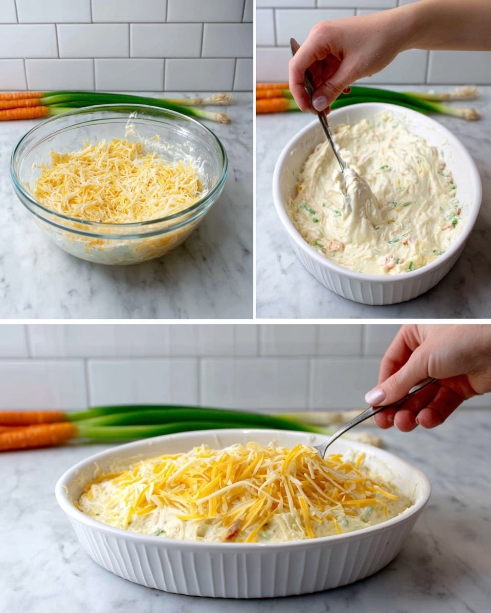 Three images show a white marbled surface with a white tiled background. The first image has a clear glass bowl filled with a creamy mixture and shredded yellow cheese on top, a woman's hand holding a spoon stirring the cheese into the mixture. The second image shows a white oval dish filled with a thick white creamy mixture with small bits of vegetables, with a woman's hand holding a spoon smoothing the top. The third image features the same white oval dish with a layer of shredded yellow cheese being placed on top by a woman's hand. A green onion and a small piece of orange vegetable are placed on the surface behind the dishes. Photo taken with an iphone --ar 4:5 --v 7