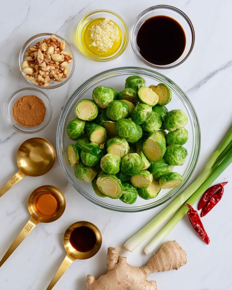 A large clear glass bowl filled with halved green Brussels sprouts sits in the center on a white marbled surface. Around it are several small clear glass bowls holding different ingredients: a bowl with pale crushed garlic, a deep golden yellow oil, a small bowl with light brown nuts, and another with fine brown sugar. There are also four golden measuring spoons filled with dark soy sauce, white salt, reddish-brown liquid, and pale golden honey. Two fresh green stalks of green onions, one piece of pale brown ginger, and three small red chili peppers are also placed neatly around the bowls. The photo taken with an iphone --ar 4:5 --v 7