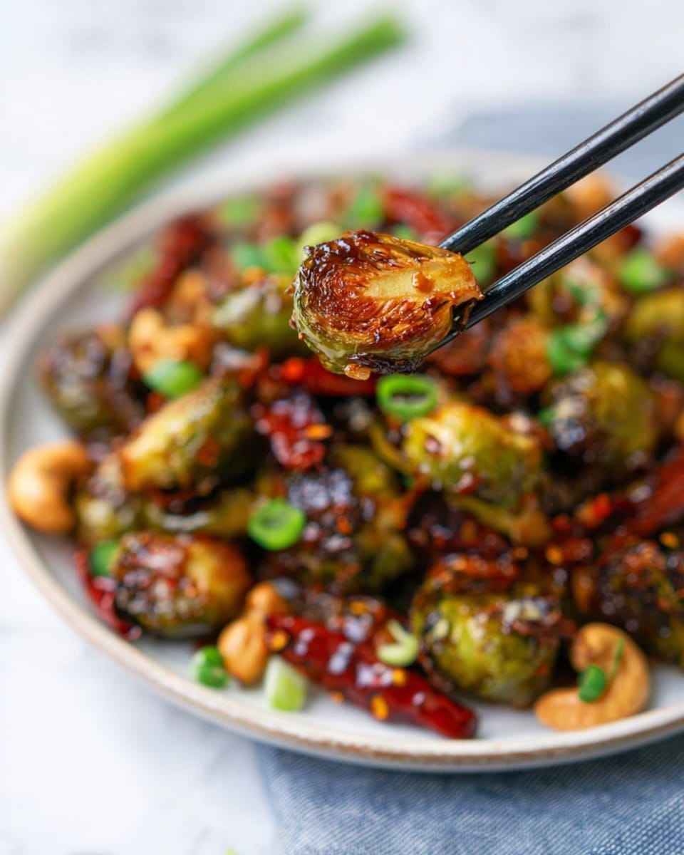 A close-up of a round, white plate filled with dark brown, glazed roasted Brussels sprouts, browned on the edges and mixed with light tan cashews, small red dried chili peppers, and chopped green onions scattered on top. One shiny, glossy Brussels sprout half is held in black chopsticks above the plate, showing its caramelized layers and darker center. The plate sits on a soft blue and white cloth on a white marbled surface, with a blurred green onion in the background. photo taken with an iphone --ar 4:5 --v 7