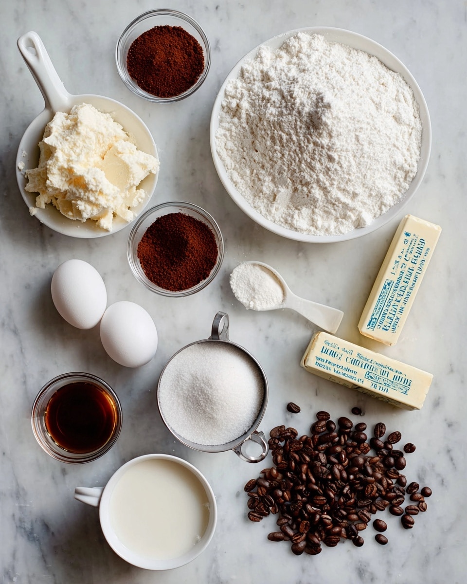 The image shows an arrangement of baking ingredients on a white marbled surface. At the top right, there is a large white bowl filled with white powdered sugar. Below it on the right, there are two sticks of unsalted butter in blue and yellow wrappers. Next to the butter is a metal measuring cup full of white flour. Towards the center, a small white measuring spoon contains dark brown vanilla extract. To the left, a white measuring cup holds a mound of white granulated sugar. Nearby lie two whole white eggs. Above the eggs, a white measuring cup holds cocoa powder, and next to it on the left is a small clear glass bowl with dark brown coffee grounds or cinnamon. Above these, a small clear glass bowl contains white cream or milk. Scattered around the ingredients are many dark brown coffee beans, adding texture and color. photo taken with an iphone --ar 4:5 --v 7