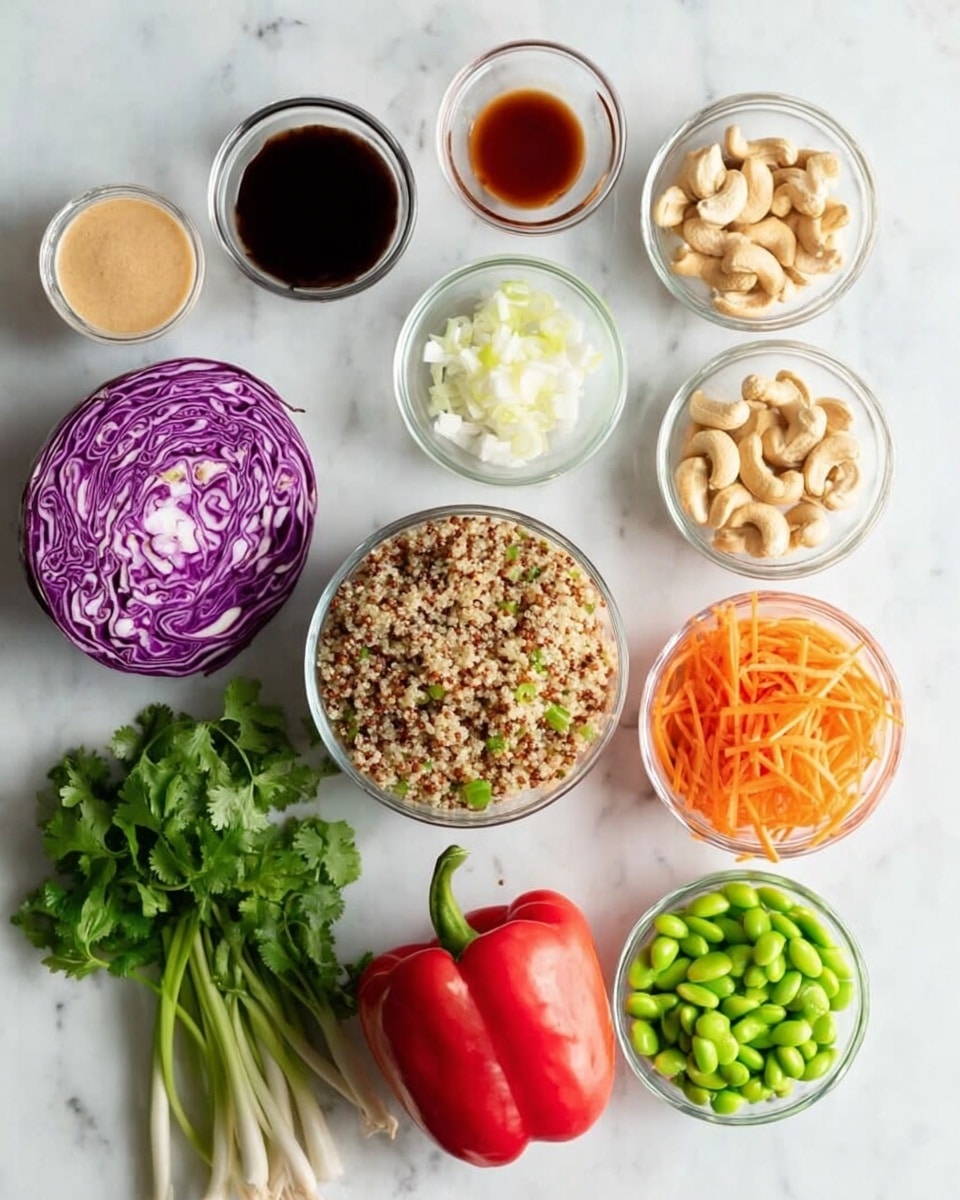 The image shows various ingredients arranged neatly on a white marbled surface. There are small clear glass bowls containing dark soy sauce, reddish-brown liquid, water, a light beige creamy sauce, minced garlic, chopped white onion, and a small amount of white granular seasoning. A larger clear bowl holds cooked quinoa with a mix of white and red grains. Fresh vegetables include a whole red onion beside a halved purple cabbage with white veins, bright green edamame beans in a bowl, shredded orange carrots in another bowl, bunches of fresh green cilantro and green onions, and a whole red bell pepper. There is also a bowl of pale yellow cashew nuts. The setup is bright and clean, showing fresh and colorful components. Photo taken with an iphone --ar 4:5 --v 7