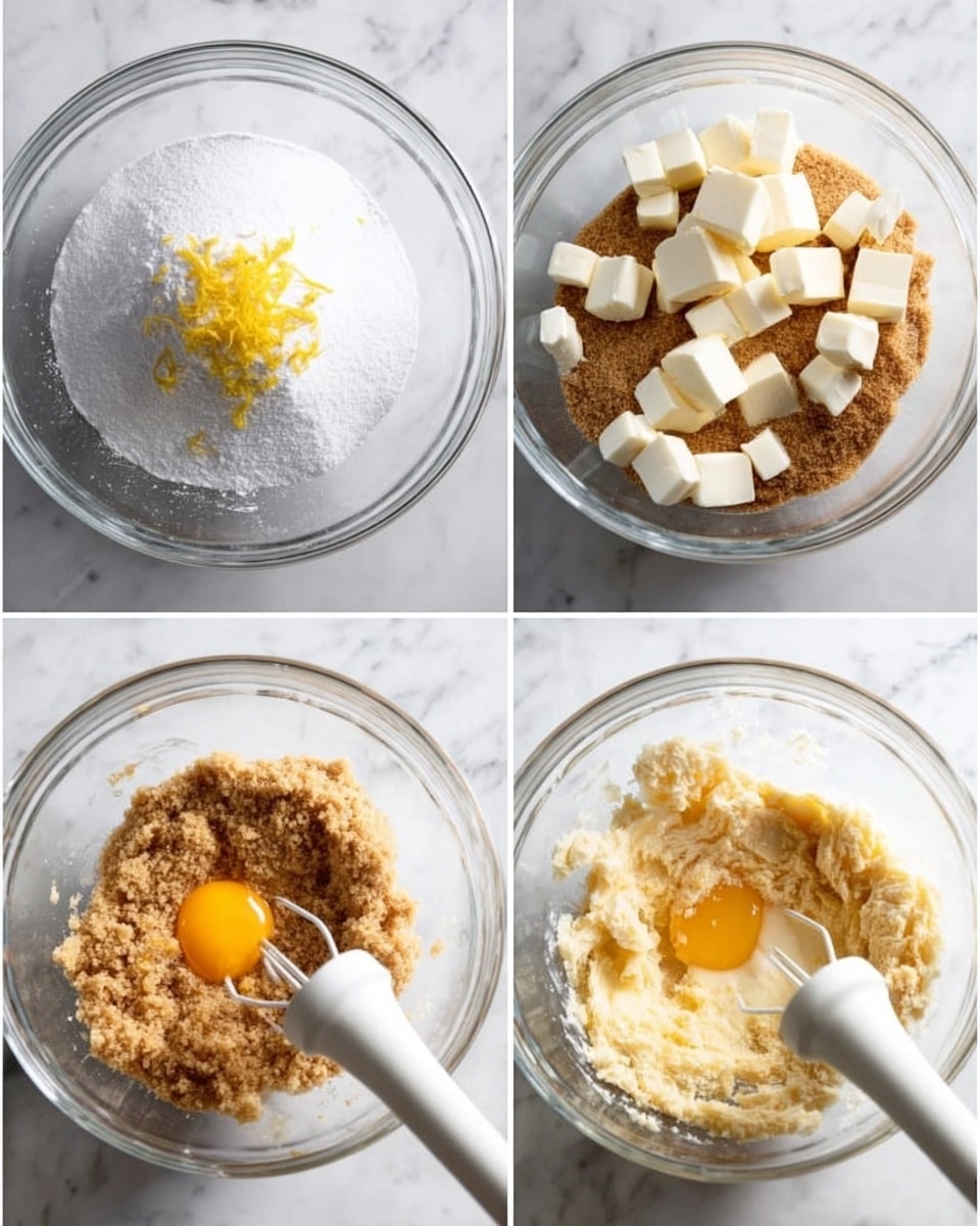 Four images show a clear mixing bowl on a white marbled surface. The first image has a layer of white granulated sugar with yellow lemon zest on top, centered in the bowl. The second image adds a layer of light brown sugar covering part of the white sugar and lemon zest. The third image adds several small white cubes of butter on top of the brown sugar and lemon zest layers. In the fourth image, the ingredients are combined into creamy light tan dough, with a bright yellow egg yolk sitting in the middle, and a white beater tool resting in the bowl. Photo taken with an iphone --ar 4:5 --v 7