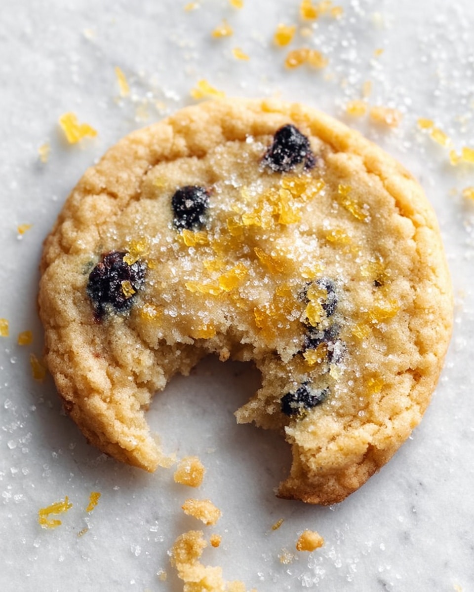 A single round cookie with a light golden color and a soft texture, featuring visible small dark berries scattered inside. The top is sprinkled with large sugar crystals and small pieces of yellow zest, giving it a sparkling and fresh look. The cookie has a bite taken out of one side, showing its soft, slightly crumbly inside. It is placed on a white marbled surface with scattered sugar crystals and bits of zest around it. photo taken with an iphone --ar 4:5 --v 7