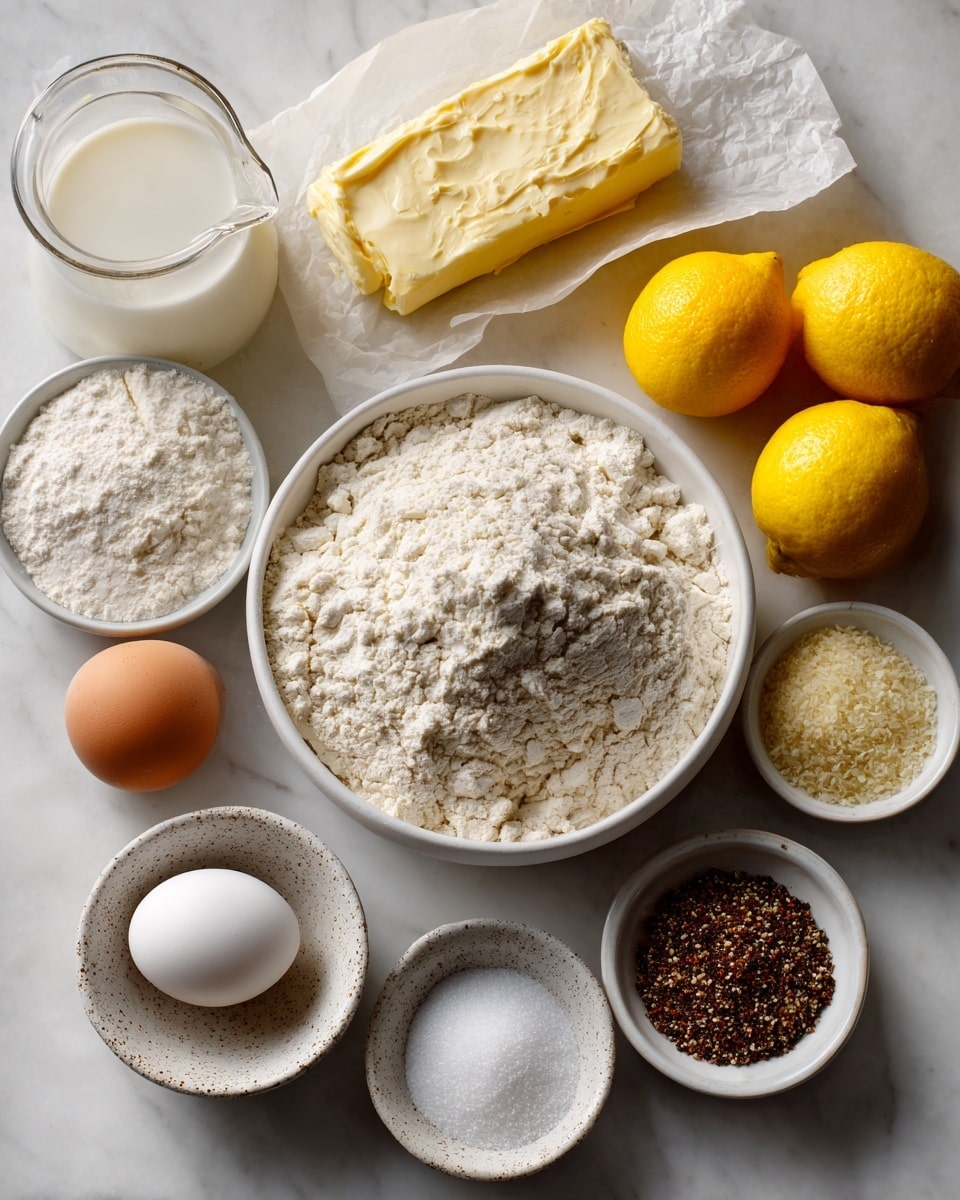 A top-down view of various baking ingredients carefully arranged on a white marbled surface. In the center is a white bowl filled with gluten free flour, showing a soft, powdery texture. Above it, a rectangular stick of butter lays wrapped in white paper. To the top left, a clear glass jug contains white kefir or buttermilk with a smooth liquid surface. A small white bowl at the top right holds granular sugar with a fine texture. Next to it are two whole bright yellow lemons, smooth-skinned and round. Below the flour, a white speckled small bowl cradles a single white egg with a smooth shell. Scattered nearby are smaller white dishes: one with white baking powder powder, another containing fine powdered sugar, and two small bowls with poppy seeds and coarse brown sugar. Lastly, a tiny white bowl holds kosher salt. The items are all spaced out neatly, emphasizing their different textures and colors, on the clean white marbled background photo taken with an iphone --ar 4:5 --v 7