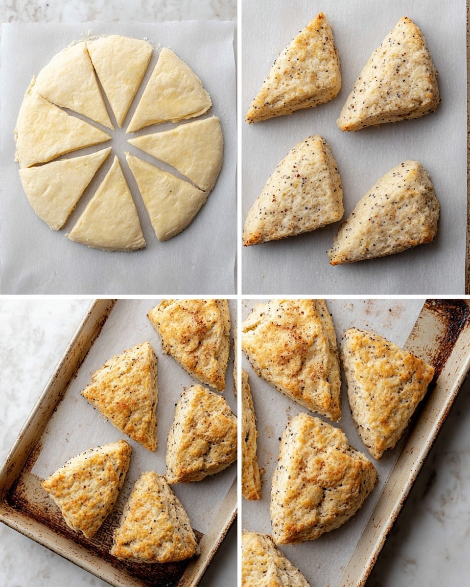 The image shows four steps of making scones on a white marbled surface. The first layer is a round dough disc with eight clean triangular slices, the dough speckled lightly with small black seeds. The second layer displays five separate triangular dough pieces, beige with some visible seeds, set apart on white parchment paper on a baking tray with a rustic look on the edges. The third layer shows the same triangles now brushed with what looks like a shiny wash and sprinkled lightly with cinnamon or sugar, sitting on parchment paper on the same baking tray. The last layer reveals the baked scones, golden brown with a slightly rough texture, crumbly edges, and a few cracks on the surface, all arranged on the parchment-lined baking tray. photo taken with an iphone --ar 4:5 --v 7