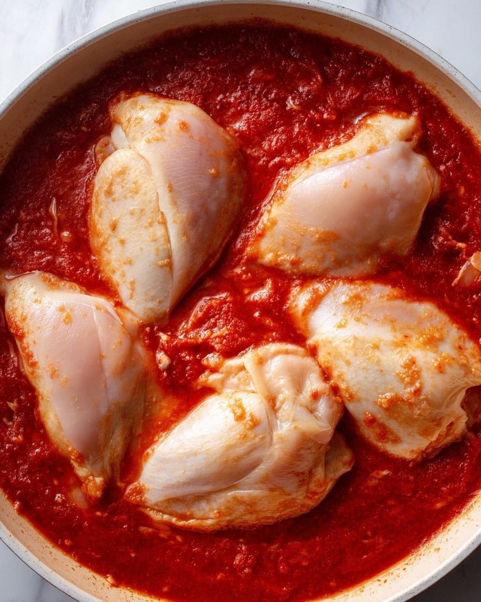 The image shows four pieces of raw chicken placed in a white pan filled with thick, bright red tomato sauce. The chicken pieces are pale pinkish-white with a smooth texture, slightly soaked by the sauce around the edges. The tomato sauce has a rich, slightly chunky texture with some visible small bubbles and streaks of oil glistening on its surface, filling the pan almost to the top. The background is white marbled texture. Photo taken with an iphone --ar 4:5 --v 7