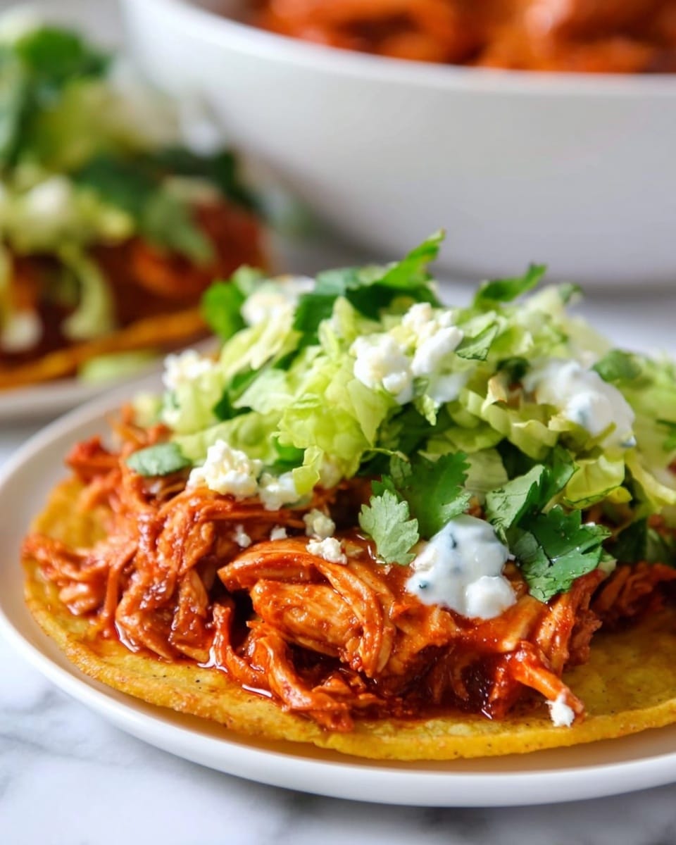 A close-up of a tostada with three main layers: the bottom layer is a round, crispy, yellow corn tortilla with a slightly toasted texture, topped by a thick layer of shredded chicken in rich red sauce that looks moist and tender. On top of the chicken, there is a layer of fresh, chopped light green lettuce mixed with some green cilantro leaves. White dollops of creamy sauce are scattered over the chicken and lettuce, adding contrast. The dish sits on a white plate on a white marbled surface, with a blurred background showing another white bowl filled with a similar red chicken dish. Photo taken with an iphone --ar 4:5 --v 7