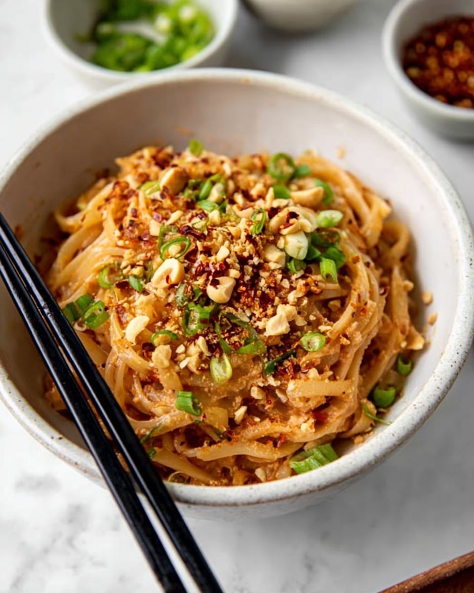 A white bowl filled with creamy noodles coated in a light brown sauce, topped with chopped green onions and crushed peanuts scattered across the surface, and sprinkled with red chili flakes. A pair of black chopsticks rests inside the bowl on the left side. In the background, there are two small white bowls, one with a green sauce and another with a reddish seasoning, all set on a white marbled surface. photo taken with an iphone --ar 4:5 --v 7