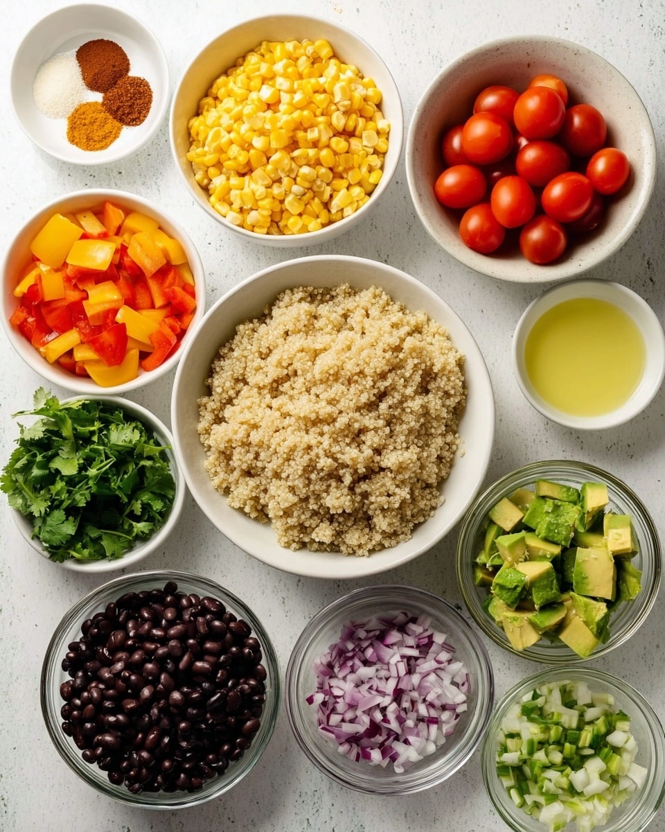 A white bowl in the center filled with light beige fluffy quinoa grains, surrounded by smaller white bowls and clear glass bowls of colorful ingredients spread around it on a white marbled surface. Starting from the top, there is a white bowl with bright yellow corn kernels, a clear bowl with halved red cherry tomatoes, and a small white dish with separate piles of brown, red, white, and beige spices. On the left side, there is a white bowl with bright chopped orange bell peppers, a clear bowl with fresh green cilantro leaves, and two clear bowls with light yellow oil and pale yellow lemon juice. Below the main bowl, a white colander holds shiny black beans. Finally, to the bottom right, there are two clear bowls with bright green diced avocado and finely chopped purple onions. photo taken with an iphone --ar 4:5 --v 7