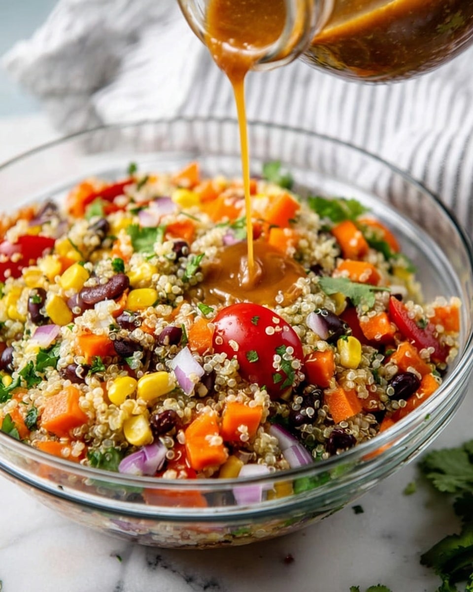 A clear glass bowl filled with a colorful quinoa salad sits on a white marbled surface. The salad has a mix of small quinoa grains as the base layer, topped with bright orange diced carrots, yellow corn kernels, black beans, red cherry tomato halves, finely chopped red onion, and green cilantro leaves scattered throughout. On top of the salad, a light brown dressing is being poured from a glass jar, creating a glossy texture on some parts of the salad. In the background, a white and gray striped cloth is partially visible. photo taken with an iphone --ar 4:5 --v 7