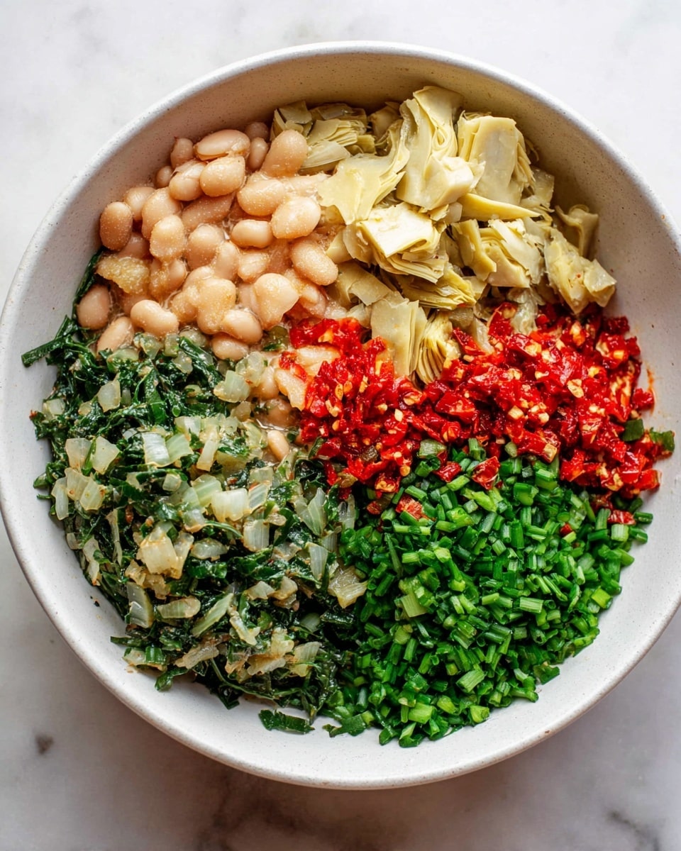 The image shows a white bowl with five different layers of chopped ingredients arranged side by side. Starting from the top left, there is a beige layer of cooked beans with a soft texture. Next to it on the right is a light yellowish-beige layer of sliced artichokes with a slight sheen. Below the beans, there is a layer of cooked greens mixed with light diced onions, showing different shades of green and white. To the right of this is a bright green chopped chive layer, finely cut and dense. The bottom layer has bright red chopped chili peppers with a few small green herbs mixed in. The bowl sits on a white marbled surface, and the photo taken with an iphone --ar 4:5 --v 7