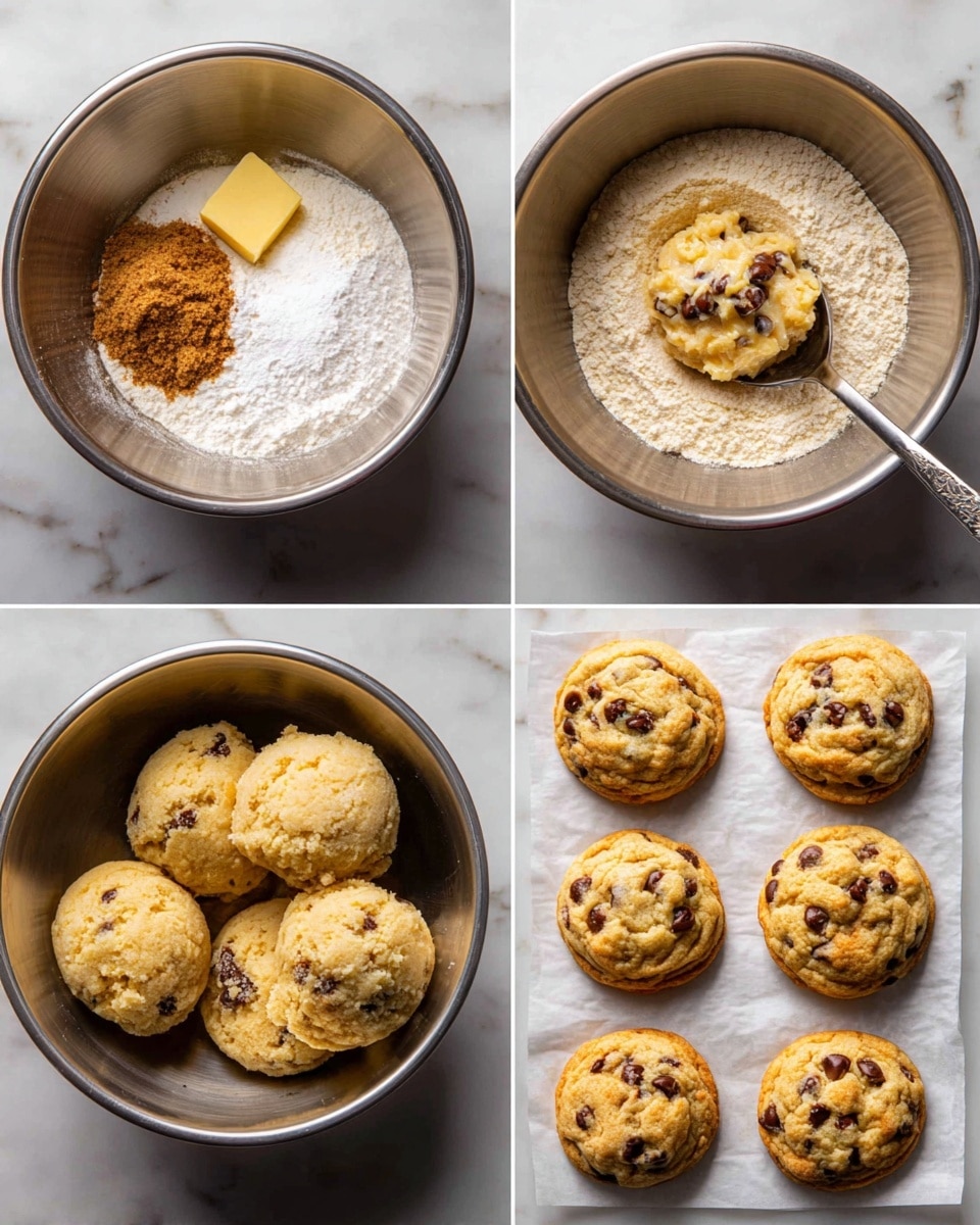 The image shows six steps of making chocolate chip cookies. Step 1 shows a silver mixing bowl with a layer of white sugar at the bottom, a piece of light yellow butter on the left, and a brown sugar lump on top. Step 2 shows the mixing bowl with light tan batter, white cream and brown vanilla added and mixed around. Step 3 shows the bowl with the light tan batter surrounding a layer of white flour in the center, ready to be mixed. Step 4 shows a thick mix of light tan cookie dough with many dark brown chocolate chips spread evenly inside. Step 5 shows a close-up of a silver spoon holding a round scoop of cookie dough above a white marbled surface with one round dough ball below it. Step 6 shows seven baked cookies, golden brown with darker brown chocolate chips, spaced apart on white parchment paper on a white marbled surface. Photo taken with an iphone --ar 4:5 --v 7