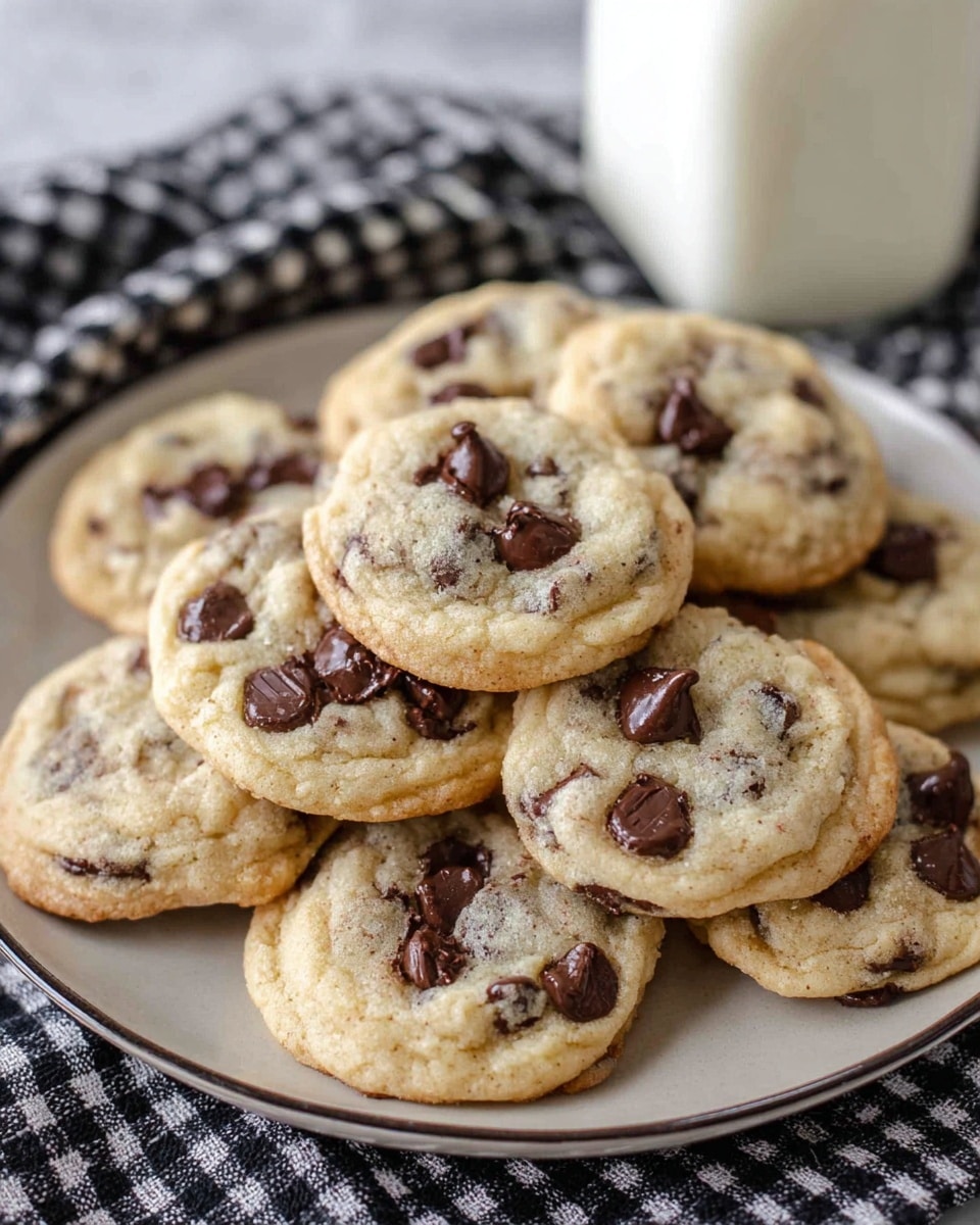 A white plate is filled with a pile of round, light golden cookies with a soft texture. Each cookie has several uneven dark brown chocolate chips spread on top and inside, giving a patchy look. The cookies have slightly browned edges and a soft center with a bumpy surface dotted with melted chocolate bits. Behind the plate, there is a blurred white bottle and a piece of black and white checkered cloth. The whole setting is on a white marbled textured surface. photo taken with an iphone --ar 4:5 --v 7