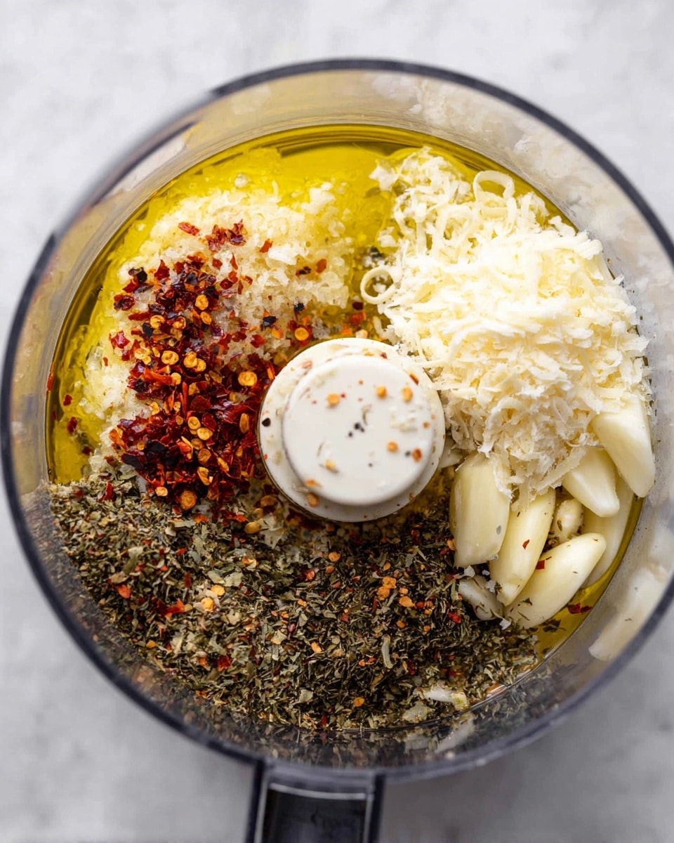 Inside a clear food processor bowl on a white marbled surface, several ingredients are placed separately in four main sections. One section shows a layer of yellow olive oil with some sprinkled red chili flakes and cracked black pepper, while another holds a dark green and brown mix of dried herbs. The third section contains a mound of finely grated white cheese, and the fourth part has sliced pale garlic cloves. The blade center of the food processor is visible in the middle of the ingredients. Photo taken with an iphone --ar 4:5 --v 7