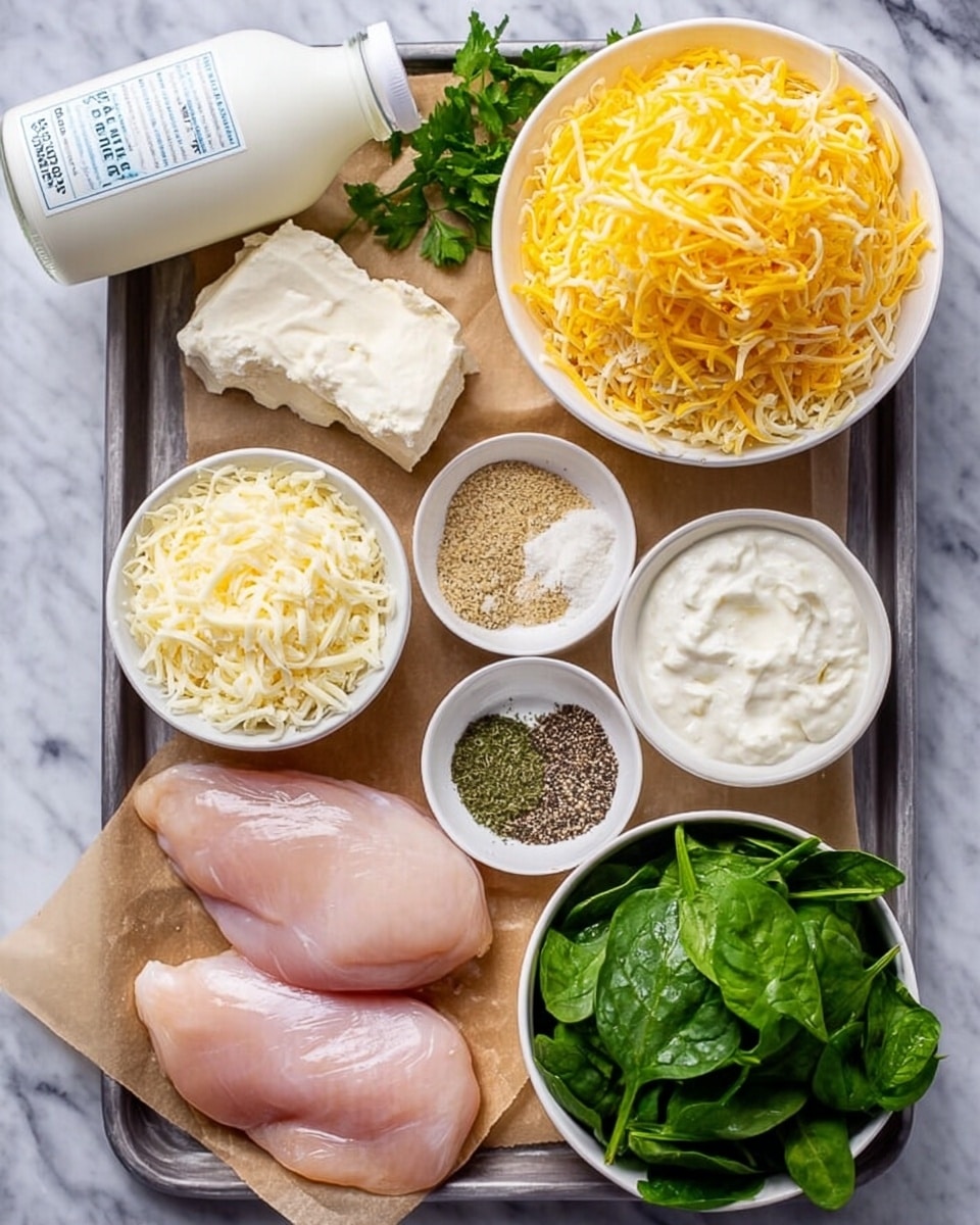 The image shows a tray on a white marbled surface holding several ingredients arranged neatly. In the top right, there is a large white bowl filled with bright yellow shredded cheese. Next to it is a small white bowl with thick white cream. A small block of white cheese sits next to a white bottle of reduced fat milk laying on its side to the left. Below the bowl of shredded cheese are two small white bowls, one filled with finely grated cheese and the other with shredded mozzarella. Near the bottom left of the tray are two raw chicken breasts placed on parchment paper. At the lower right is a white bowl filled with fresh green spinach leaves. In front of the bowls with grated and shredded cheese is a small white bowl containing three types of herbs and spices separated into three sections: black pepper, a green herb, and a beige powder. Some green parsley is placed near the top left, slightly overlapping the bowl of cream. photo taken with an iphone --ar 4:5 --v 7