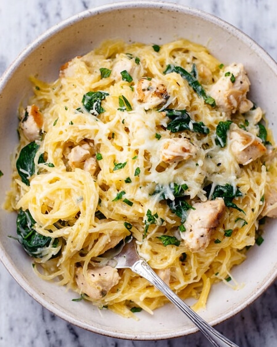 The image shows a white bowl filled with a creamy pasta dish that has several layers. The bottom layer is made of light yellow spaghetti-like noodles, mixed with chunks of white meat and dark green spinach leaves scattered unevenly throughout. On top, there is a layer of melted pale yellow cheese that stretches and clings to the noodles, giving the dish a rich and gooey texture. Small bits of green herbs are sprinkled on the surface for a fresh look. A silver fork rests inside the bowl, partially holding some pasta strands. The bowl is placed on a white marbled texture surface. Photo taken with an iphone --ar 4:5 --v 7