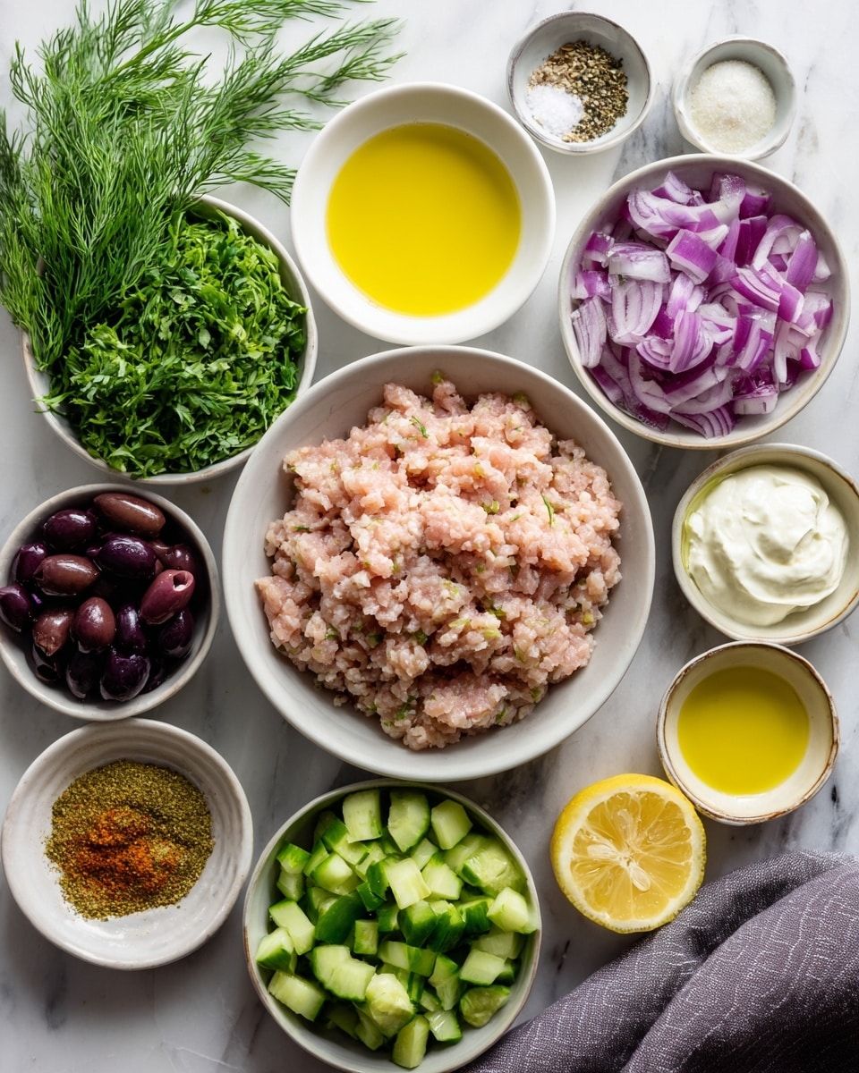 The image shows several small white bowls arranged on a white marbled surface, each holding different ingredients. In the center, a bowl contains raw ground chicken with a pale pink texture, surrounded by bowls filled with bright green cucumber cubes, dark purple sliced olives, fresh green dill leaves, finely chopped red onion with purple and white pieces, and creamy white coconut yogurt. There are also small bowls holding yellow olive oil, mixed herbs and spices in light brown powder form, pale yellow lemon juice, and a mix of salt and black pepper. A grey cloth is placed on the right side of the bowls. photo taken with an iphone --ar 4:5 --v 7