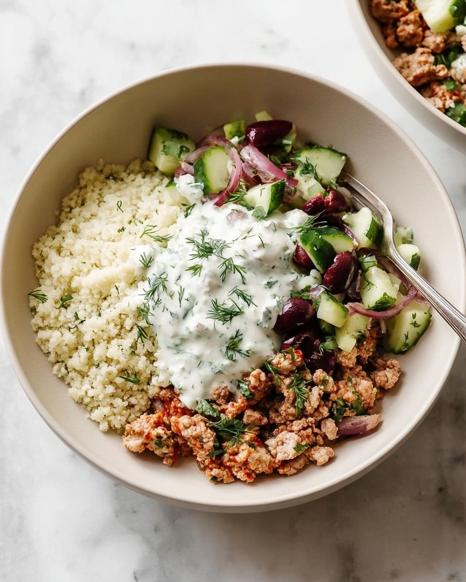 A white bowl holds a dish with three main layers: on the left side is a pale, grainy layer that looks like cauliflower rice; on the right and around the bowl is a light pinkish cooked ground meat with soft texture; on top in the center is a colorful mix of small diced cucumber, dark sliced olives, and red onion pieces, all mixed with green herbs. Sitting on the center is a white creamy sauce with visible green herbs, adding a fresh look. A metal fork is placed inside the bowl on the right side, and the background is a white marbled surface. Photo taken with an iphone --ar 4:5 --v 7
