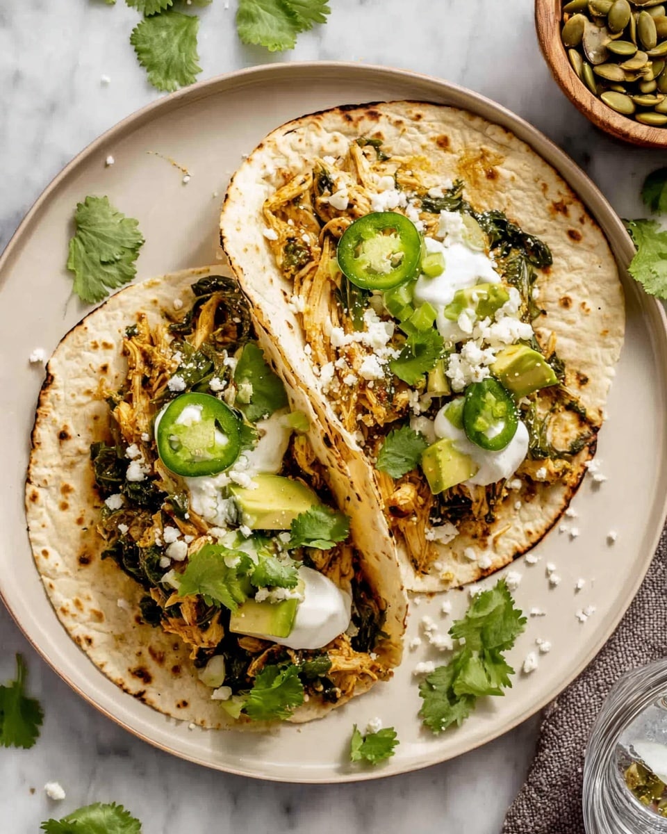 Two soft, lightly charred tortillas are placed overlapping on a white plate with a white marbled background. Each tortilla is filled with shredded golden-brown cooked chicken mixed with green spinach, topped by small, light green avocado cubes and slices of bright green jalapeño peppers. Dollops of white sour cream sit near the center and edges, garnished with fresh dark green cilantro leaves and chopped green onions. A sprinkling of crumbly white cheese adds texture across the fillings. Around the plate, scattered cilantro leaves add a fresh touch. A bowl of green pumpkin seeds and a glass of water are visible in the top right corner. Photo taken with an iphone --ar 4:5 --v 7