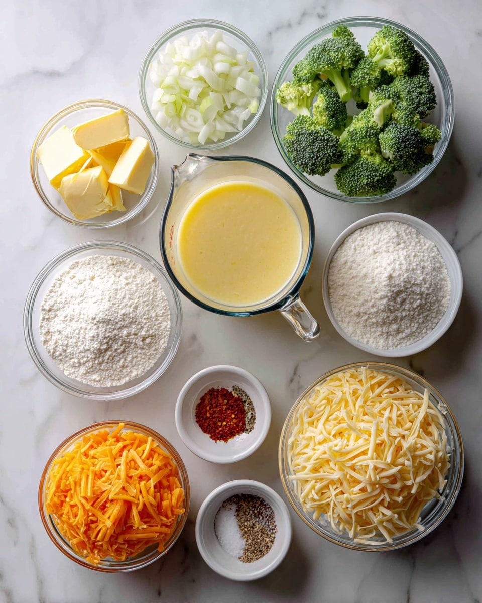 The image shows small glass bowls and measuring cups arranged neatly on a white marbled surface. There are ten containers filled with different ingredients: butter in a small bowl with a chunk of yellow butter, diced white onions in a medium bowl, minced garlic in a small silver bowl, green broccoli florets in a medium bowl, white flour in a medium bowl, shredded orange carrots in a medium bowl, a large clear measuring cup filled with yellow chicken broth, a glass measuring cup holding white milk, a medium bowl of shredded yellow smoked gouda cheese, and a small white bowl with red and black seasonings. All containers are clear glass except one silver bowl, providing a clean and organized look. photo taken with an iphone --ar 4:5 --v 7