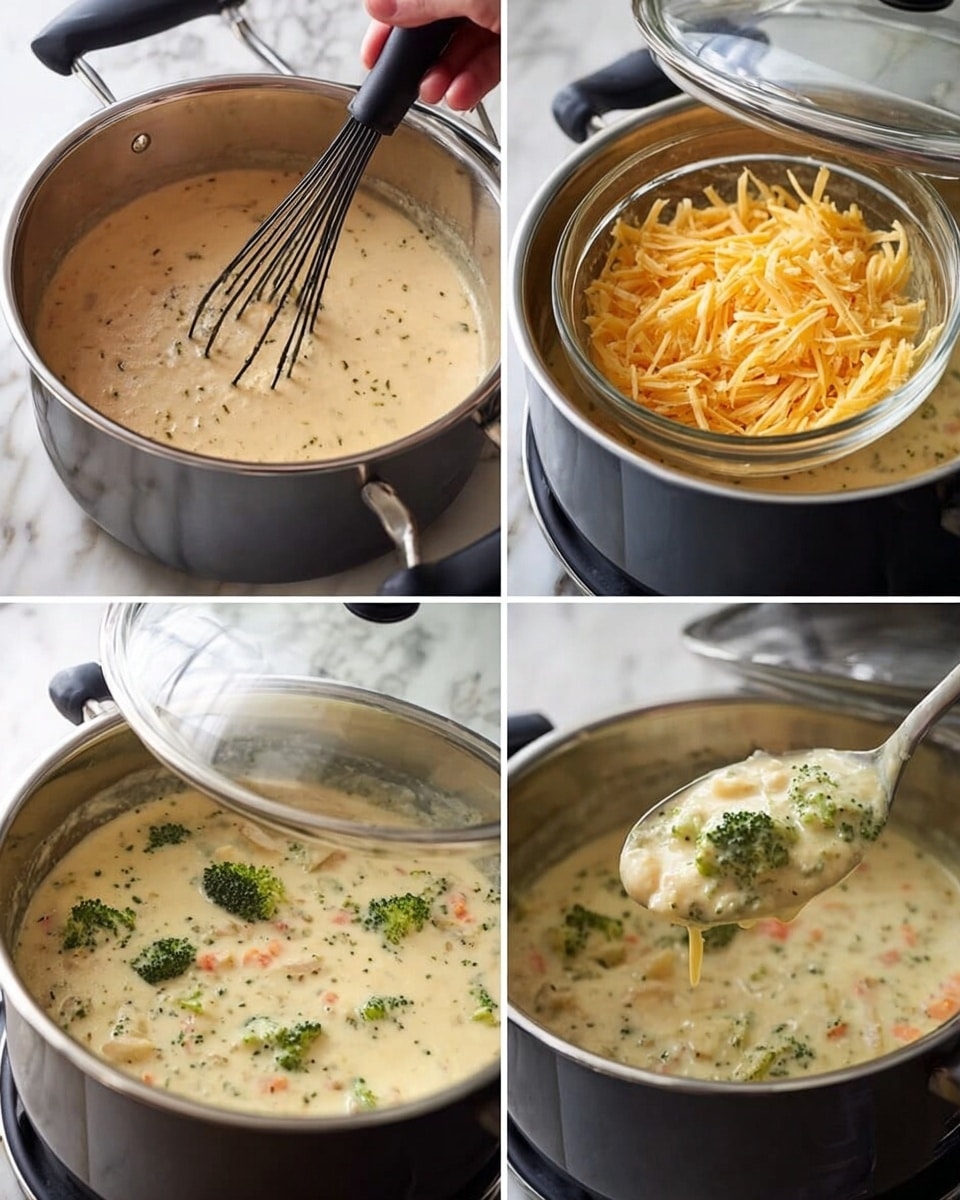 The image shows a cooking pot with creamy soup being made in four steps. The first part shows a smooth, light beige sauce with specks being stirred by a black whisk inside the pot. Then, the pot is half covered with a clear lid lifted by woman's hand, showing a soup with small green broccoli pieces and orange carrot bits in a creamy base. In the next step, shredded yellow cheese is being poured from a clear bowl into the pot on top of the creamy vegetable soup. The last part shows a close-up of a spoon lifting the thick soup with broccoli and carrots in the creamy cheese mix, against a white marbled countertop. Photo taken with an iphone --ar 4:5 --v 7