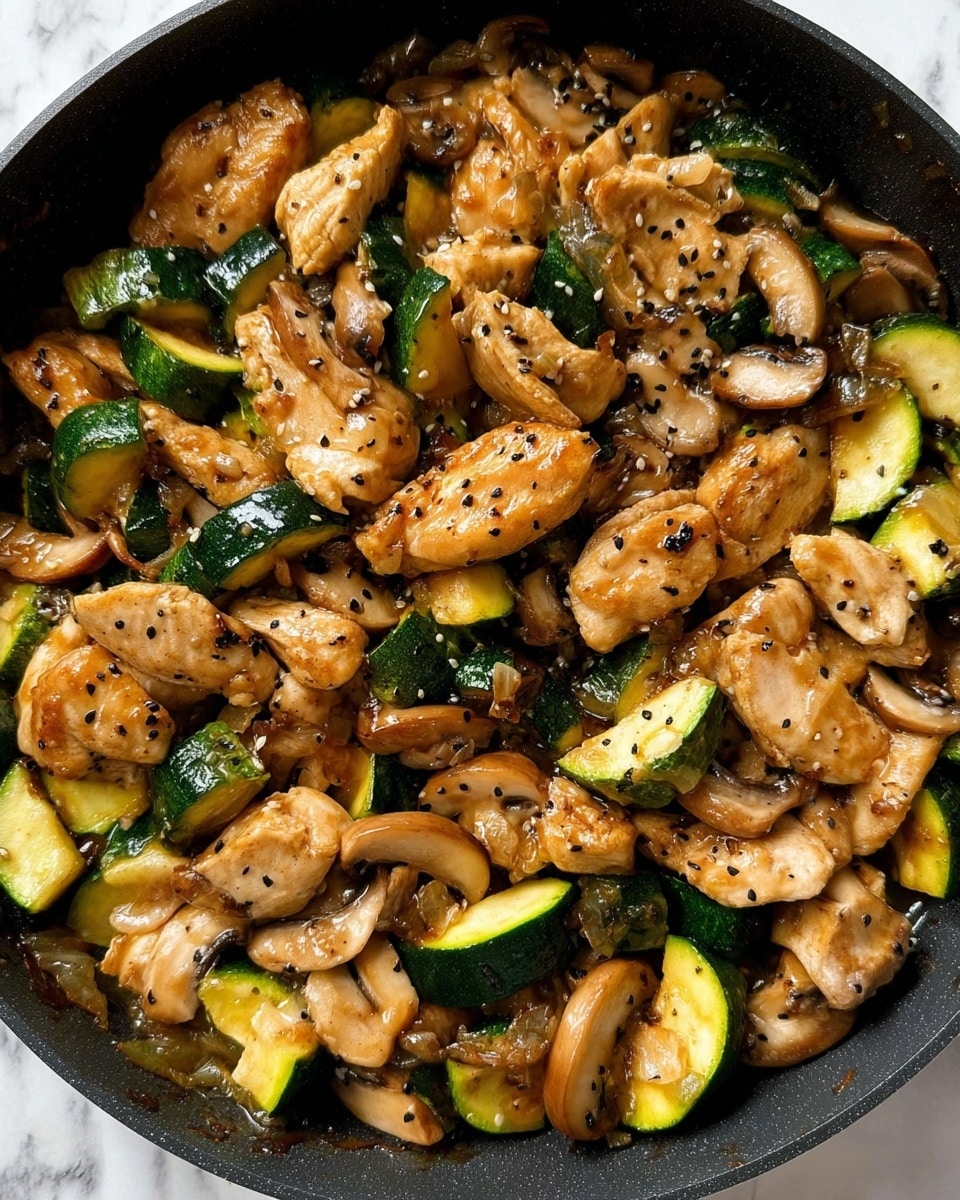 The image shows a close-up of a cooked dish in a black pan filled with three visible layers: the first layer includes light brown cooked chicken pieces with a slightly shiny texture; the second layer features dark green zucchini chunks with a soft texture; the third layer consists of sliced mushrooms that are a light beige color and scattered evenly around. There are evenly sprinkled small black seeds on top of the dish. The background is a white marbled surface. photo taken with an iphone --ar 4:5 --v 7