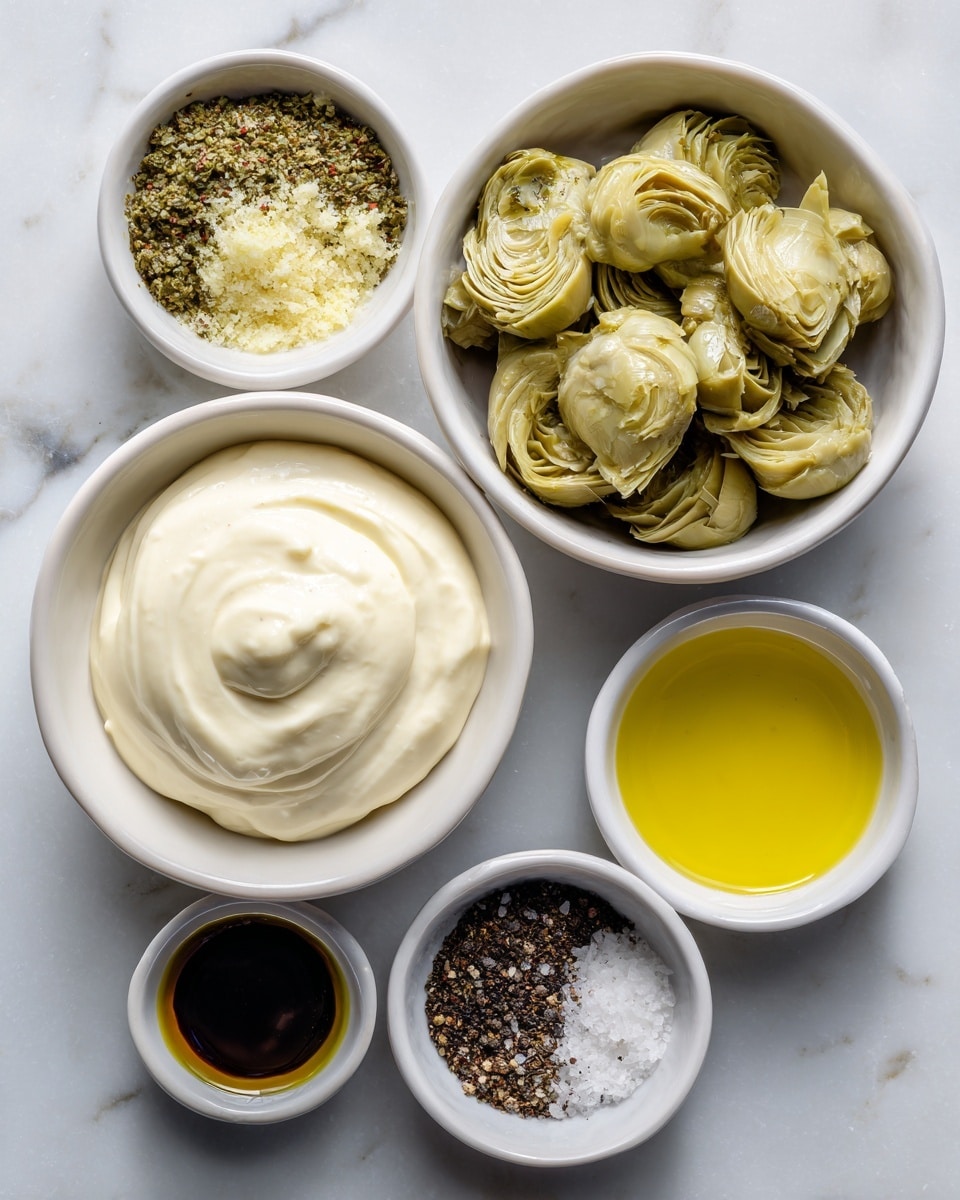 The image shows seven small white bowls arranged on a white marbled surface. The largest bowl at the bottom center holds smooth, creamy white mayonnaise. To its upper left is a small bowl with greenish-brown Italian seasoning. Above that is another small bowl filled with light yellow grated garlic. At the top left, a larger bowl is filled with pale green frozen artichoke hearts that have a frosty texture. To the right of the garlic bowl, a small bowl contains dark green olive oil with a shiny surface. Adjacent to the olive oil, a small bowl holds golden yellow lemon juice. Finally, a small bowl on the right contains a mix of coarse salt and black pepper. Each bowl is simple and clean, highlighting the color and texture of the ingredients photo taken with an iphone --ar 4:5 --v 7