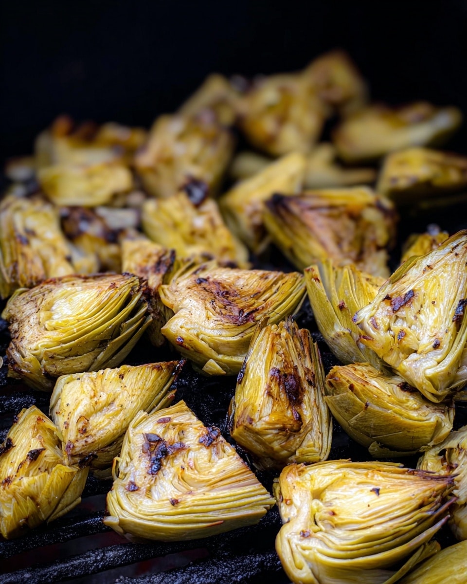 The image shows many pieces of grilled artichoke hearts spread out over a black grill surface. Each piece is light yellowish-green with some charred brown and black spots, showing a rough, slightly wrinkled texture from the grilling. The pieces are uneven in size and shape, some more open with layered inner leaves visible, while others are tighter and more rounded. The background behind the grill is very dark, making the artichokes the clear focus. photo taken with an iphone --ar 4:5 --v 7