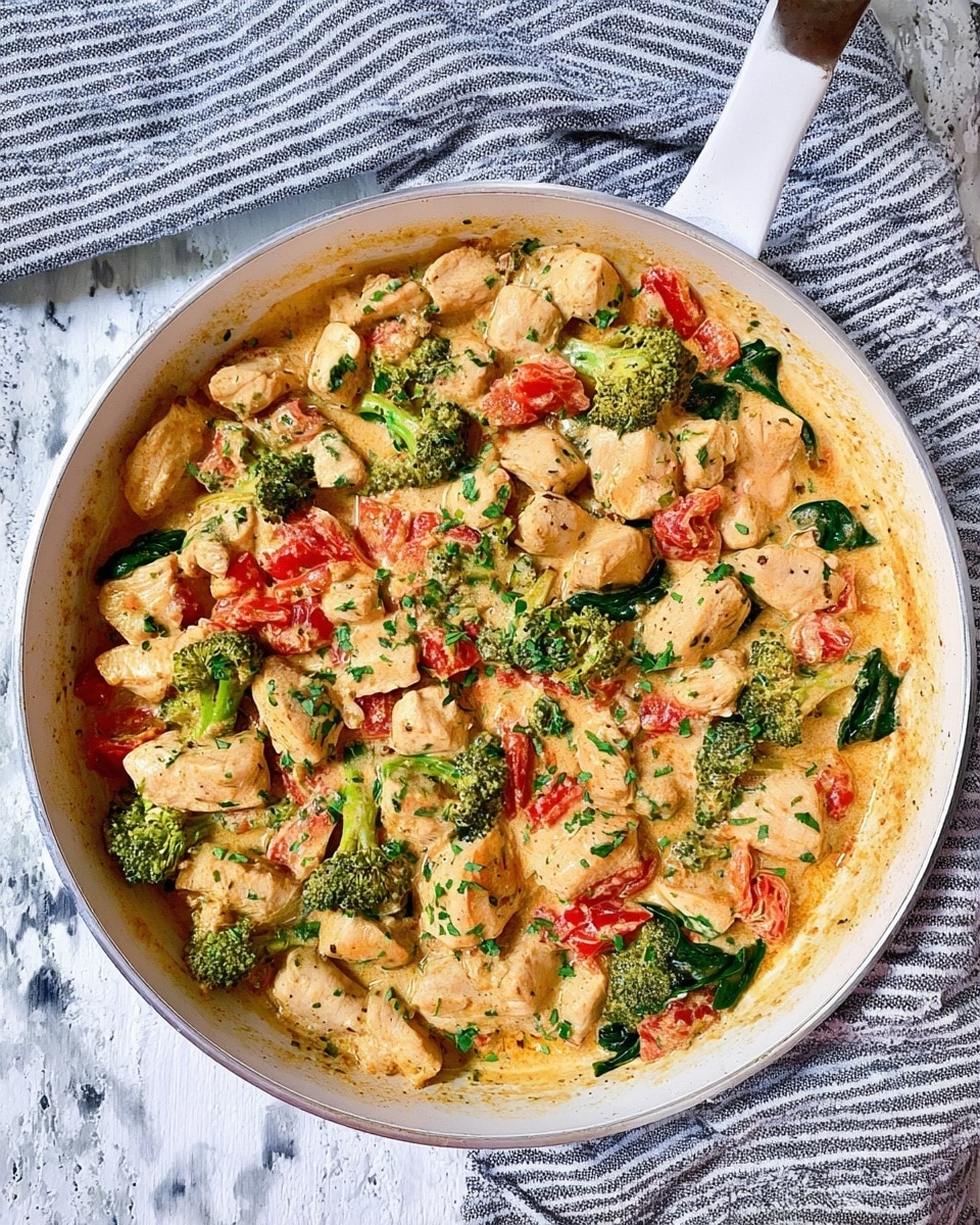 A white pan filled with chunky pieces of light golden chicken mixed with bright green broccoli florets and fresh green spinach leaves, all coated in a creamy, smooth, pale yellow sauce with small flecks of herbs. There are also pieces of red bell pepper adding a pop of color throughout the dish. A wooden spoon is lifting a portion, showing the thick, rich sauce stretching slightly from the pan. The background features a white marbled surface with a soft gray and white cloth partially visible. Photo taken with an iphone --ar 4:5 --v 7