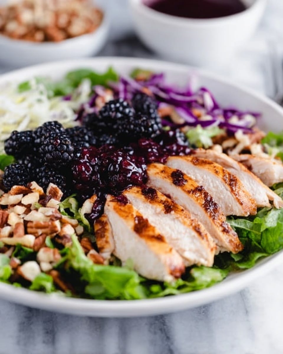 A white plate is filled with a layered salad. The bottom layer is fresh green lettuce leaves scattered across the plate. On top of the lettuce, there are slices of cooked chicken arranged neatly in the front center. Around the chicken, there are several blackberries. Toward the back of the plate, there is a serving of light brown grains or small beans. A woman’s hand holds a spoon that is pouring a dark purple berry sauce with small whole berries over the chicken slices. In the background, there is a white bowl filled with the same dark purple sauce. The scene is set on a white marbled surface. Photo taken with an iphone --ar 4:5 --v 7